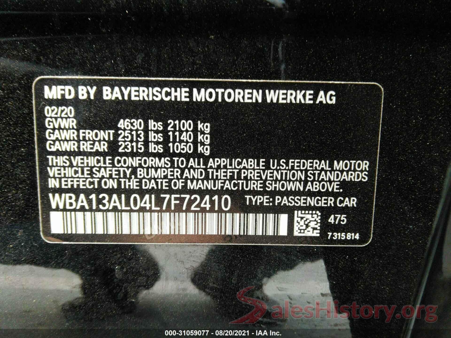 WBA13AL04L7F72410 2020 BMW 2 SERIES