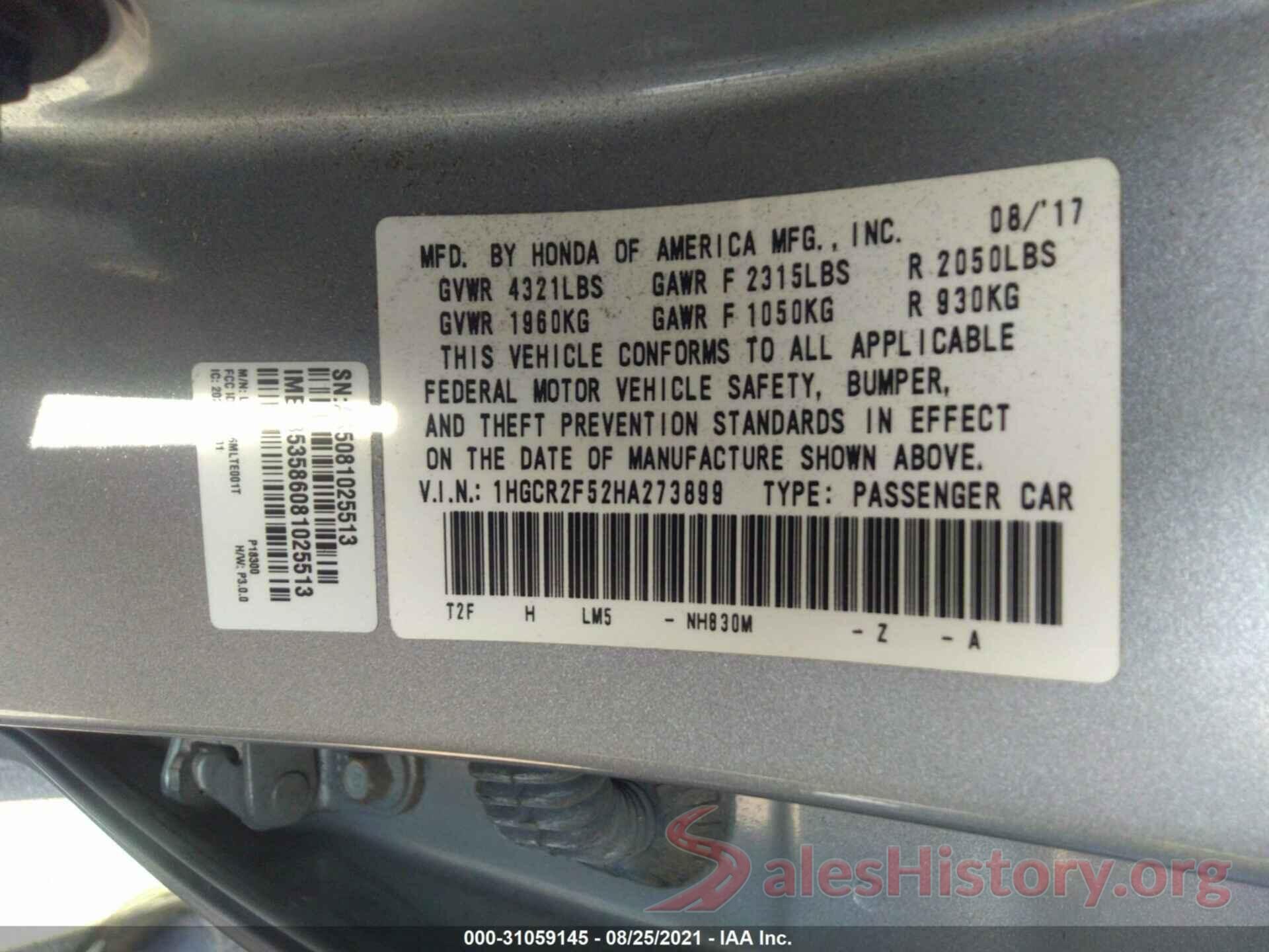 1HGCR2F52HA273899 2017 HONDA ACCORD SEDAN