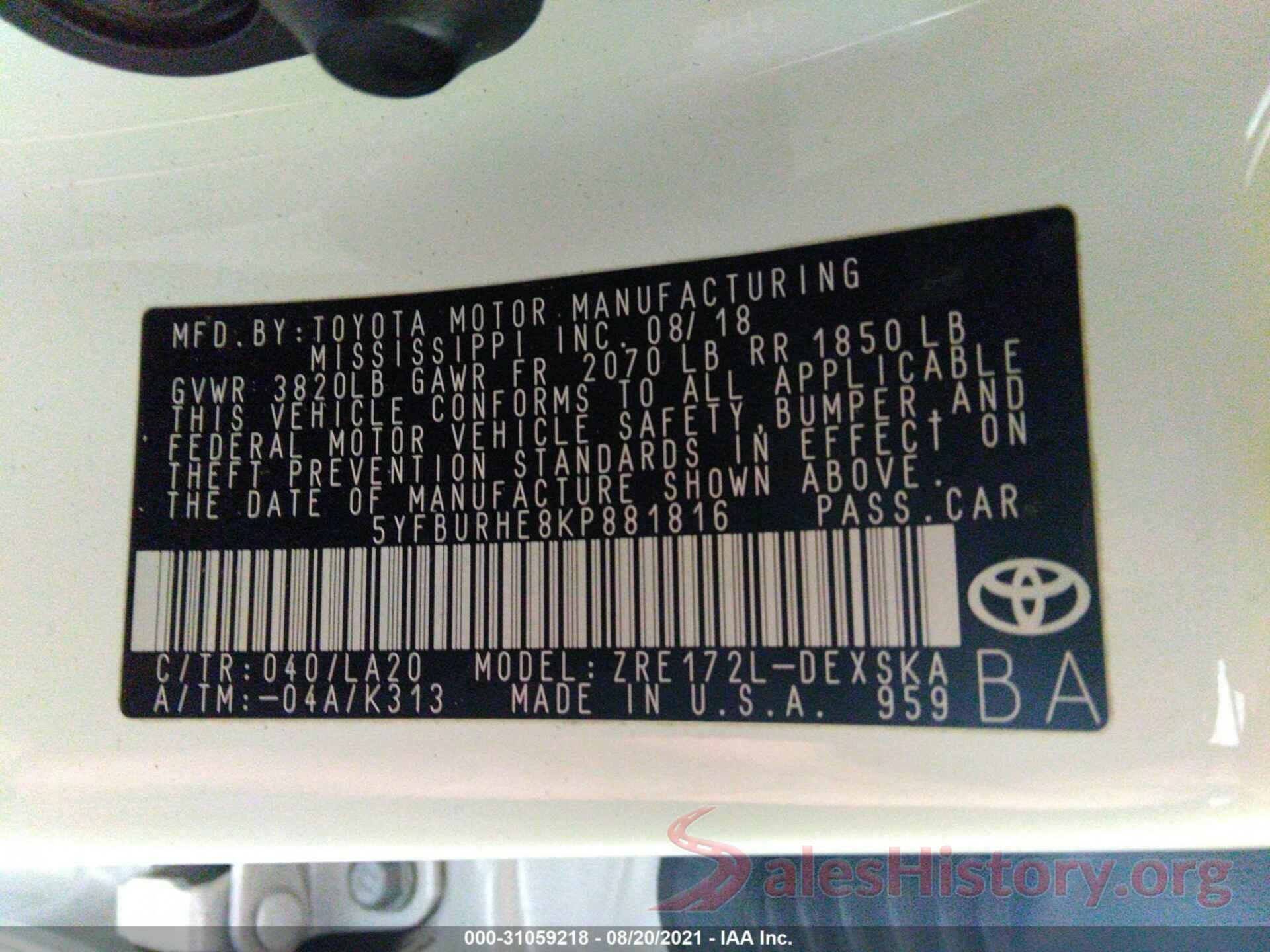 5YFBURHE8KP881816 2019 TOYOTA COROLLA