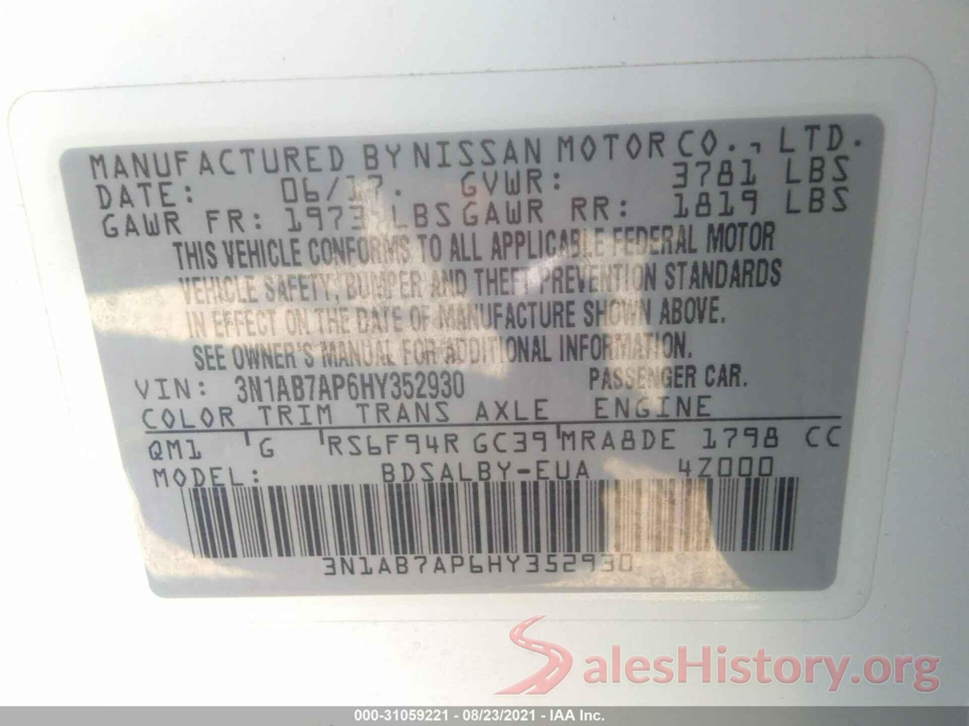 3N1AB7AP6HY352930 2017 NISSAN SENTRA