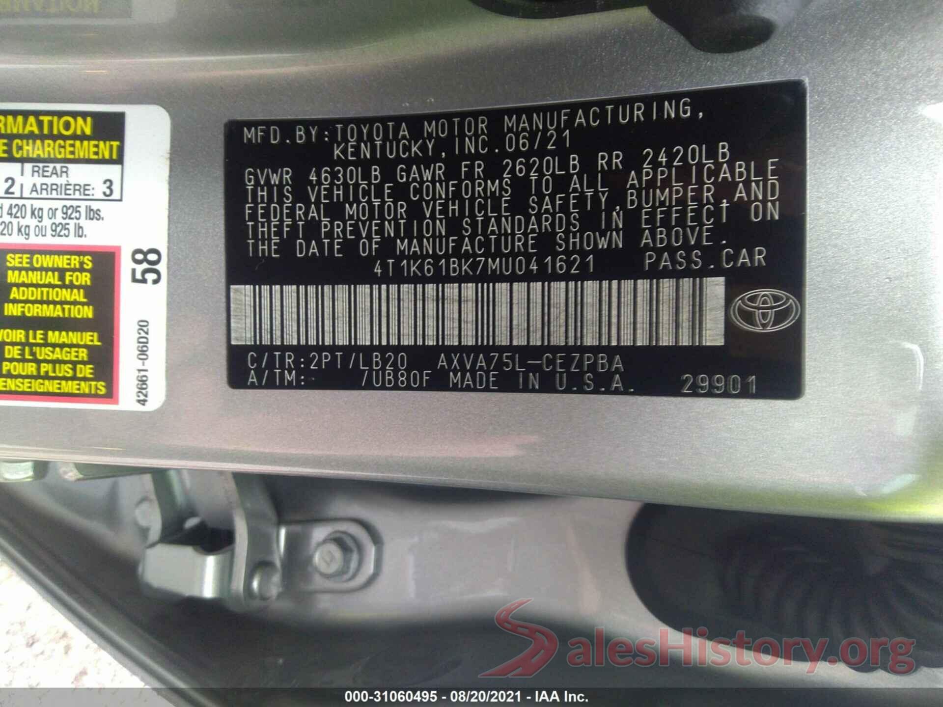 4T1K61BK7MU041621 2021 TOYOTA CAMRY