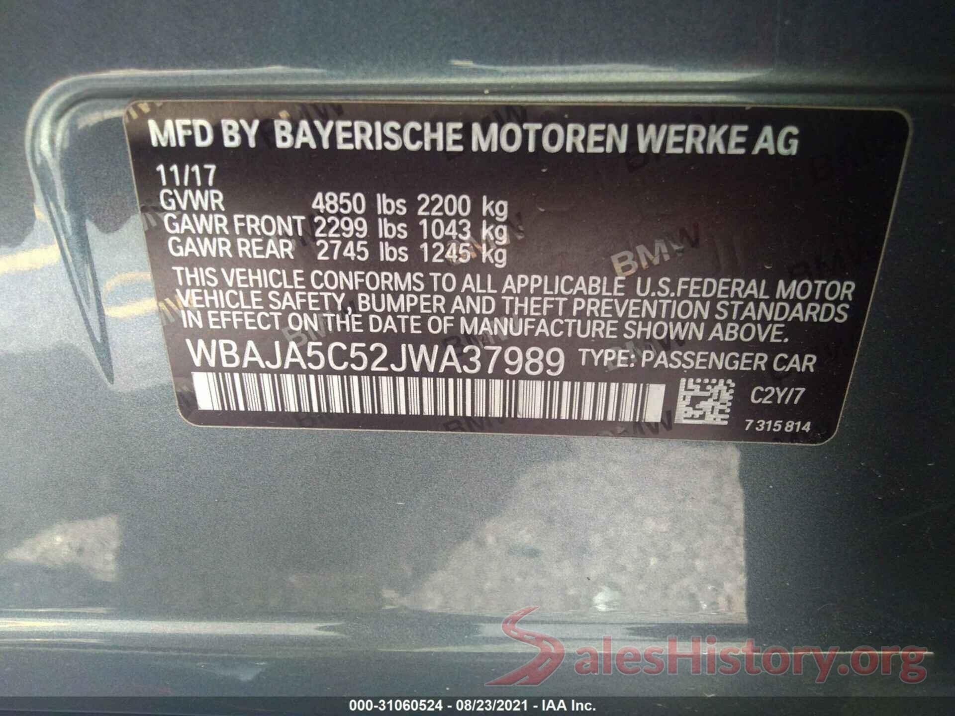 WBAJA5C52JWA37989 2018 BMW 5 SERIES