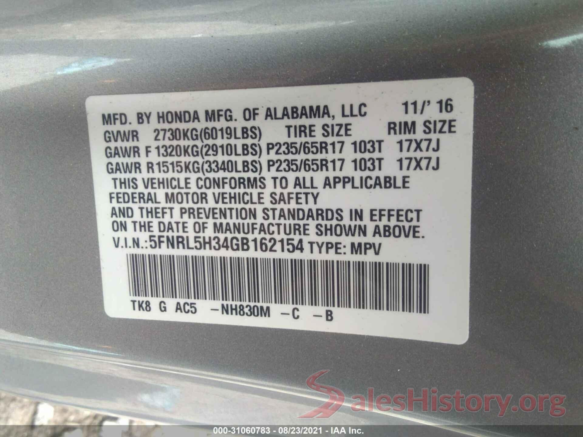 5FNRL5H34GB162154 2016 HONDA ODYSSEY