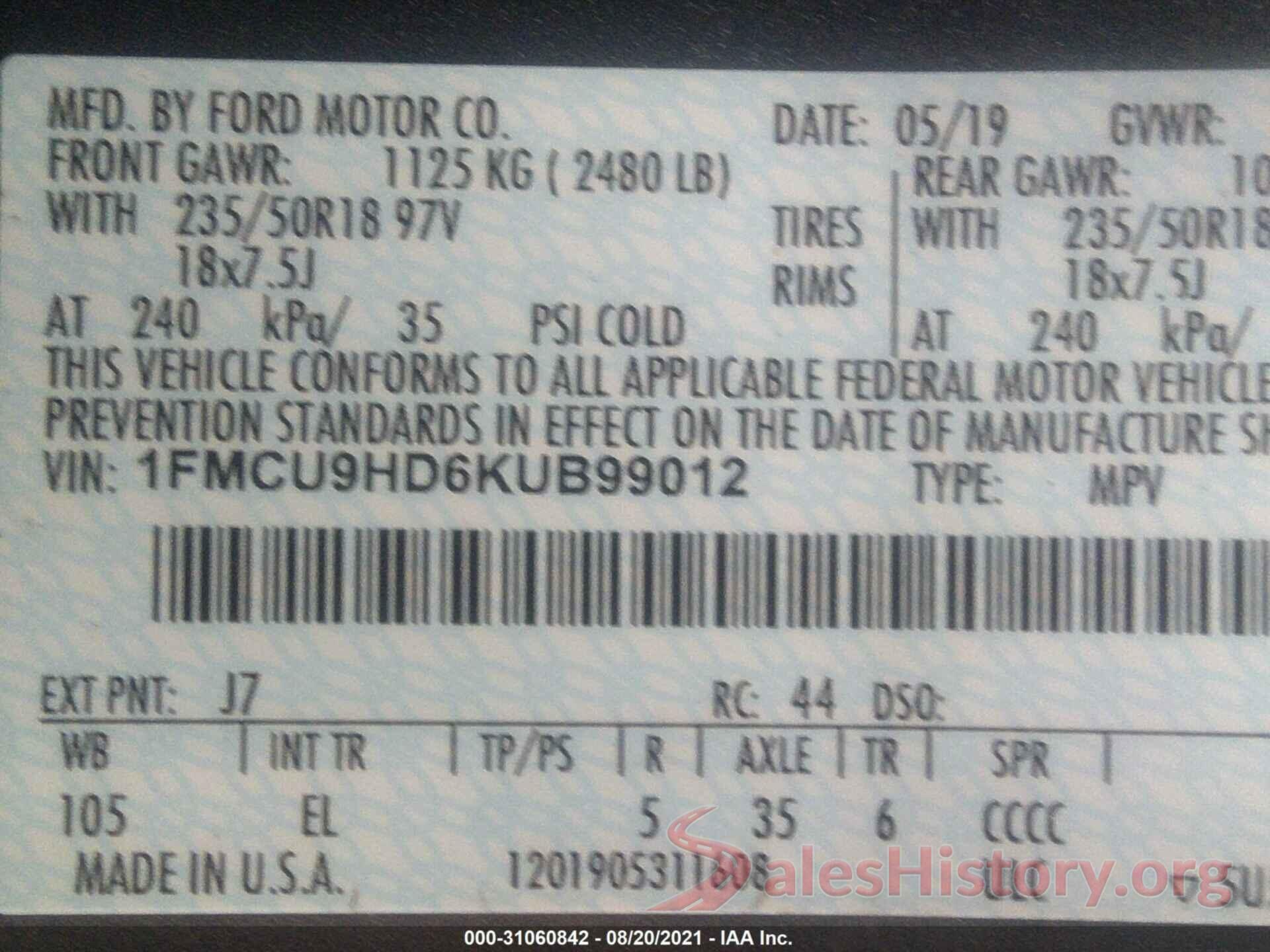 1FMCU9HD6KUB99012 2019 FORD ESCAPE