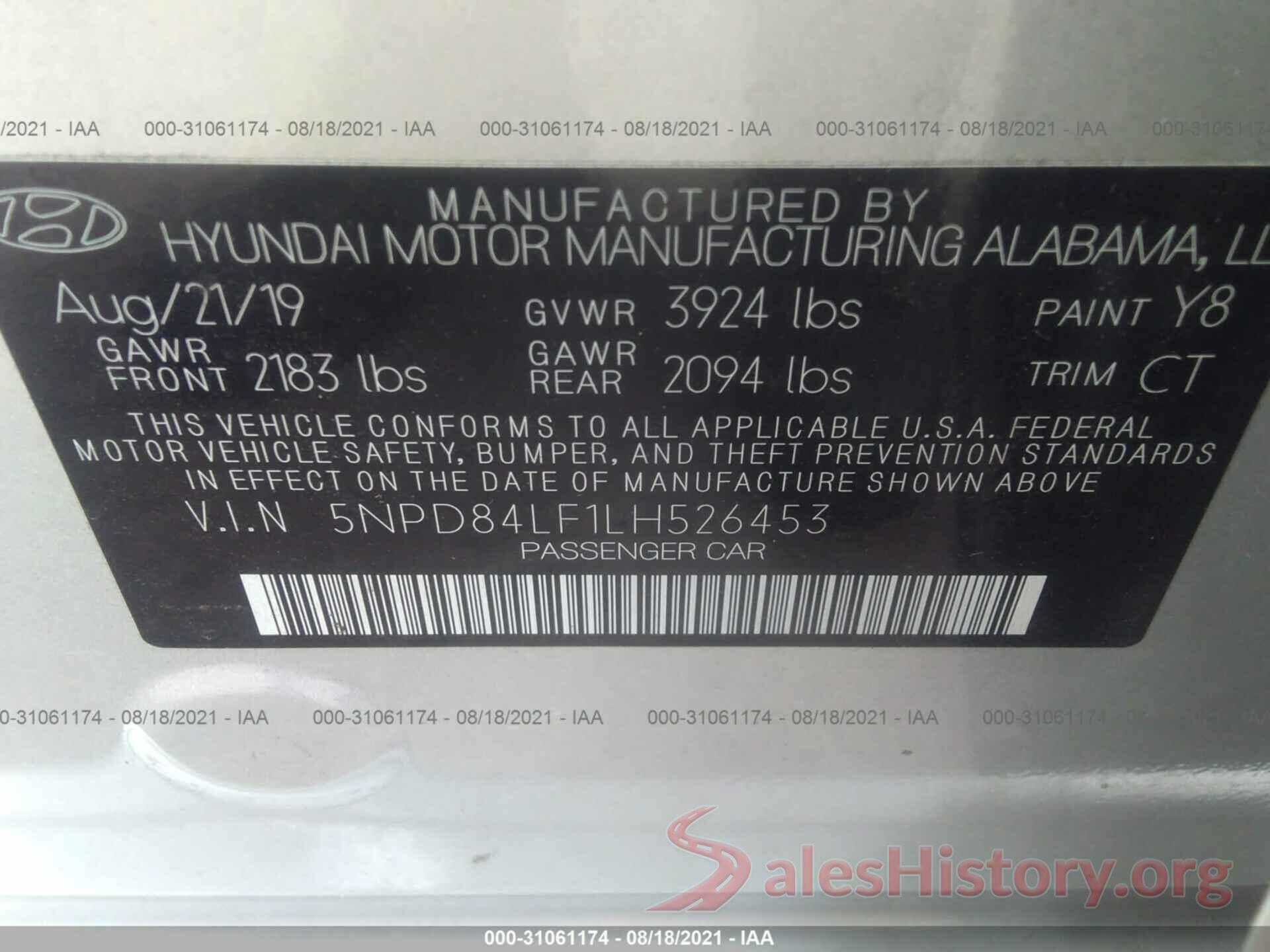 5NPD84LF1LH526453 2020 HYUNDAI ELANTRA