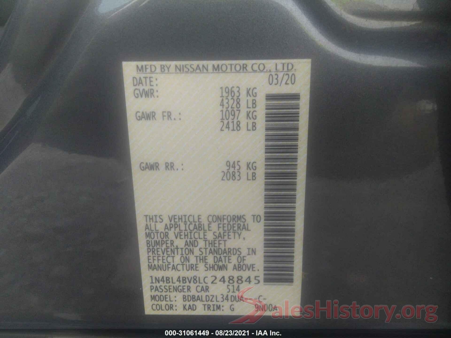 1N4BL4BV8LC248845 2020 NISSAN ALTIMA