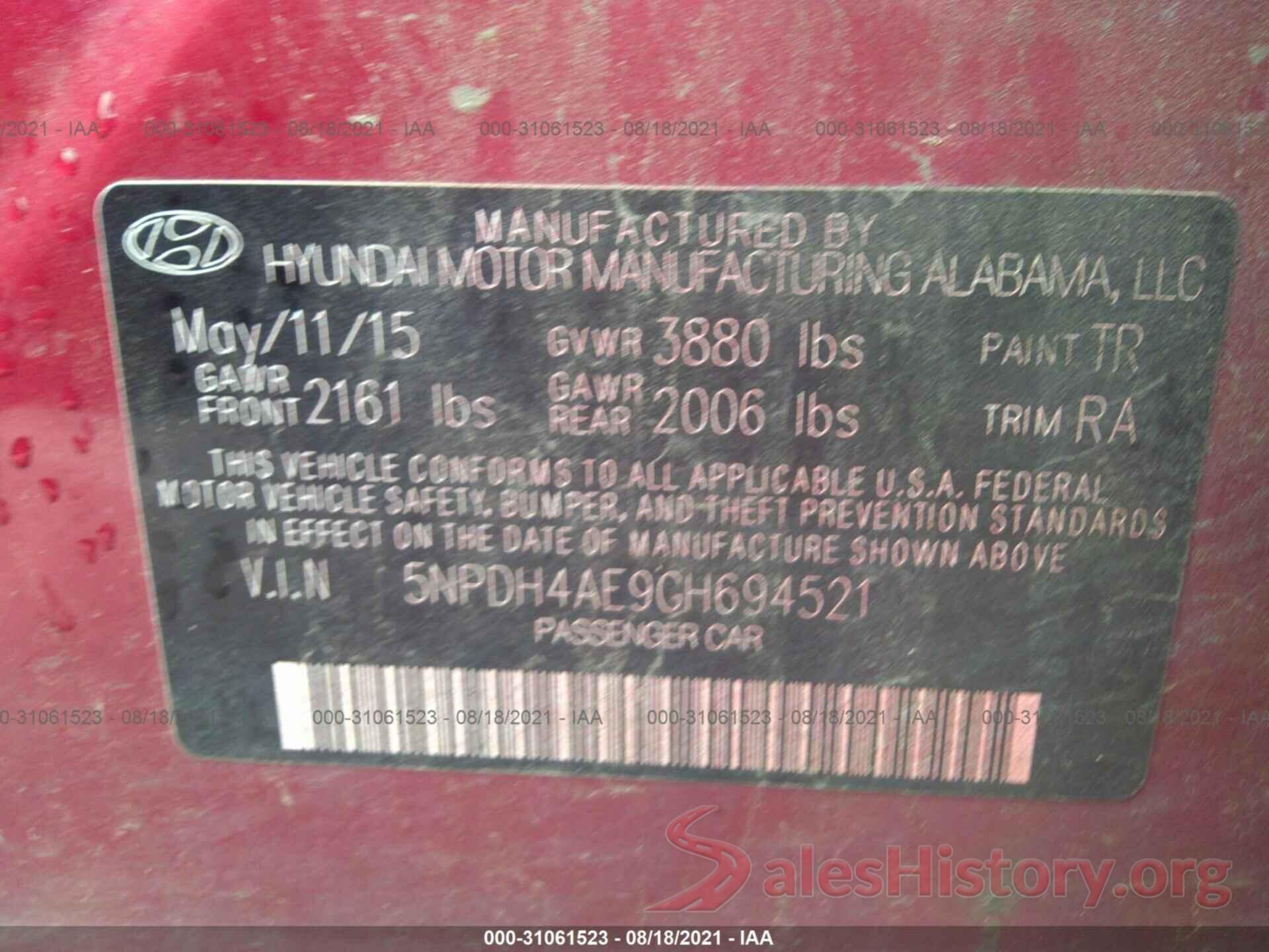 5NPDH4AE9GH694521 2016 HYUNDAI ELANTRA