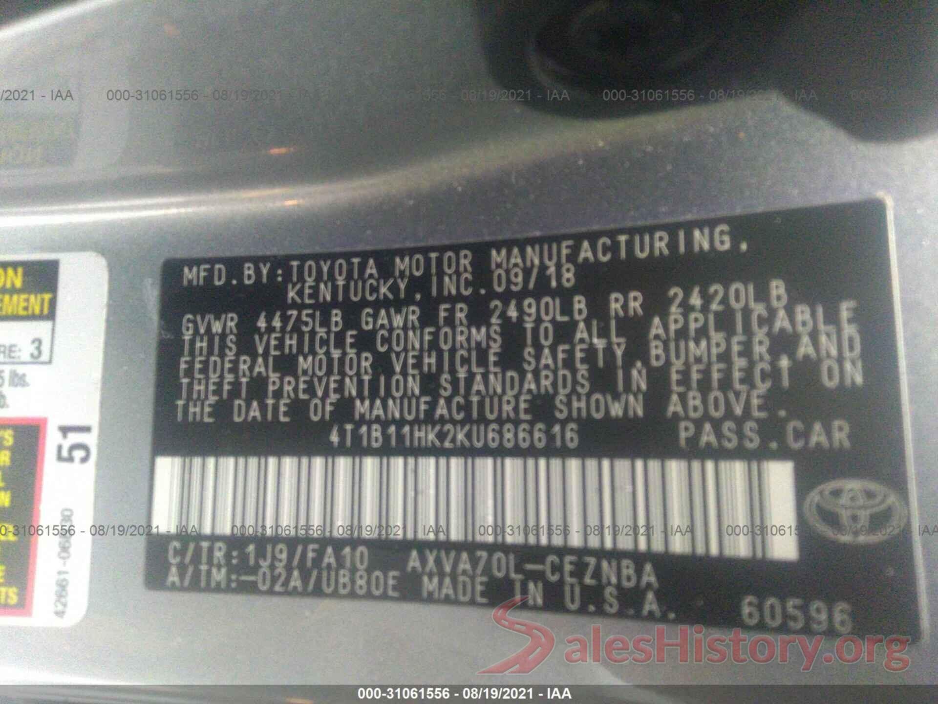 4T1B11HK2KU686616 2019 TOYOTA CAMRY