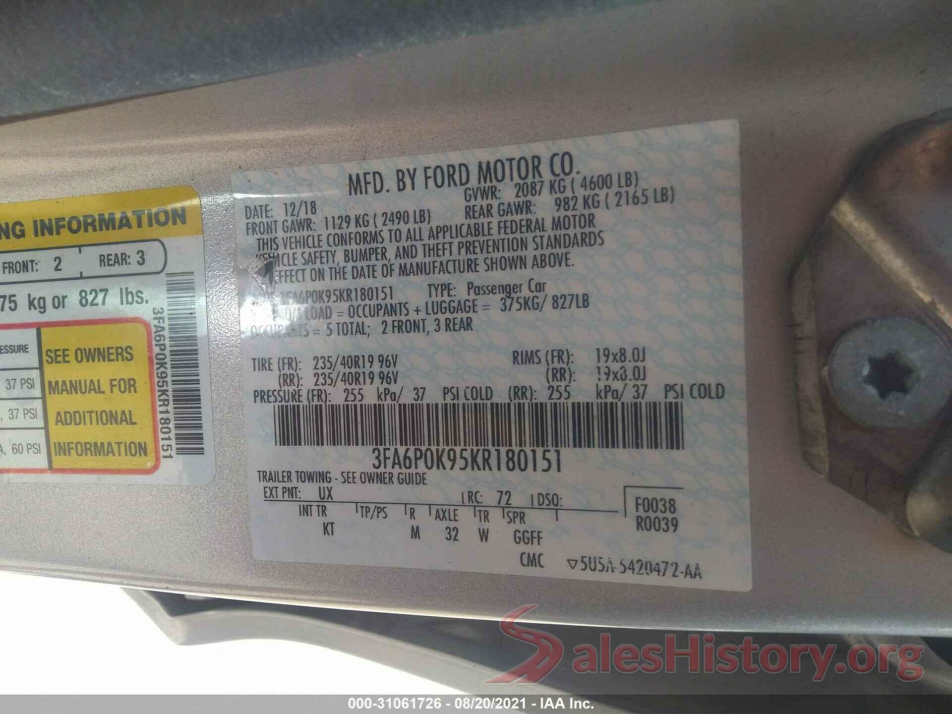 3FA6P0K95KR180151 2019 FORD FUSION