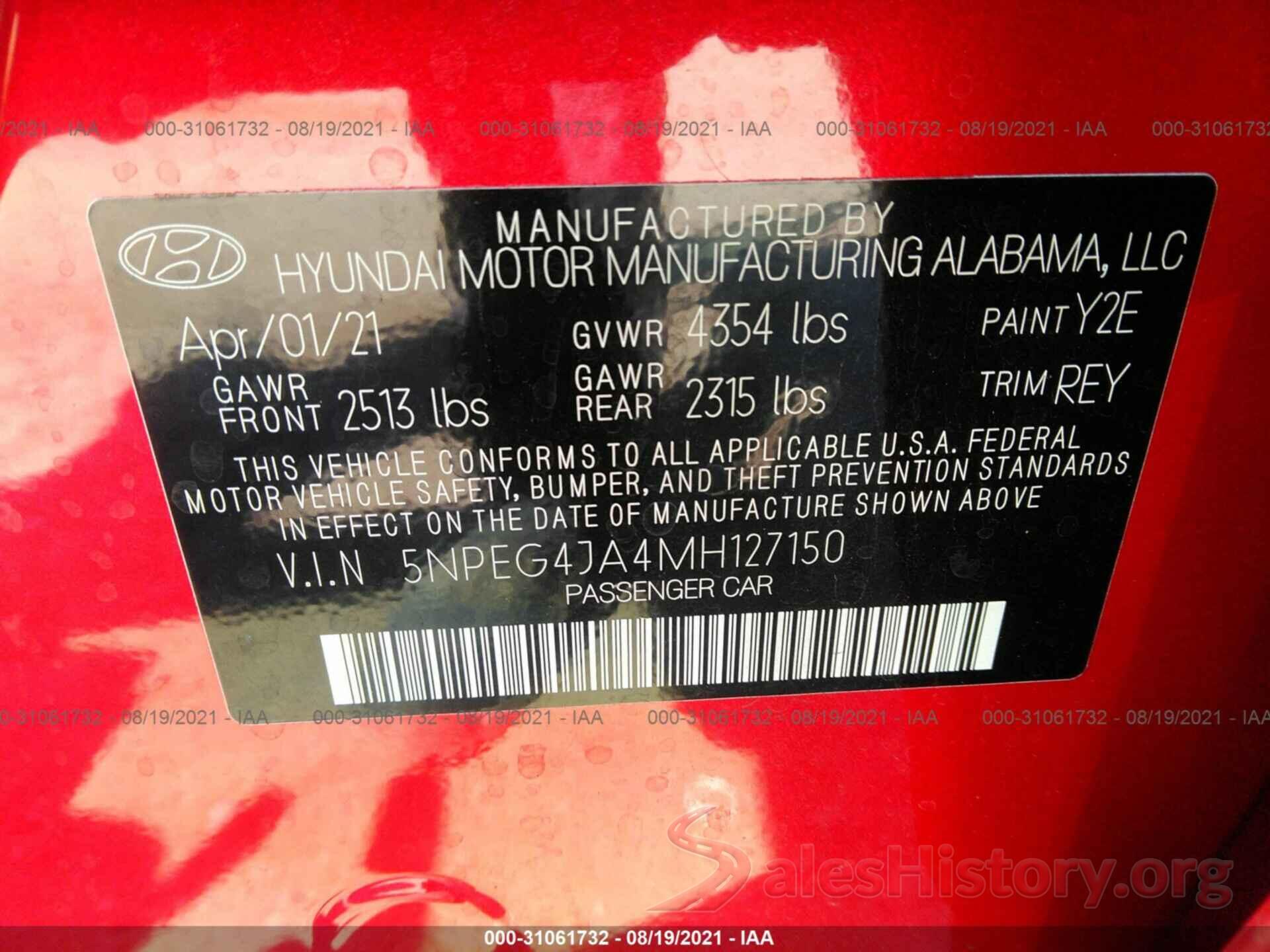 5NPEG4JA4MH127150 2021 HYUNDAI SONATA