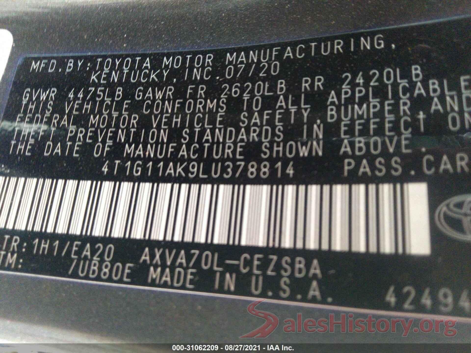 4T1G11AK9LU378814 2020 TOYOTA CAMRY