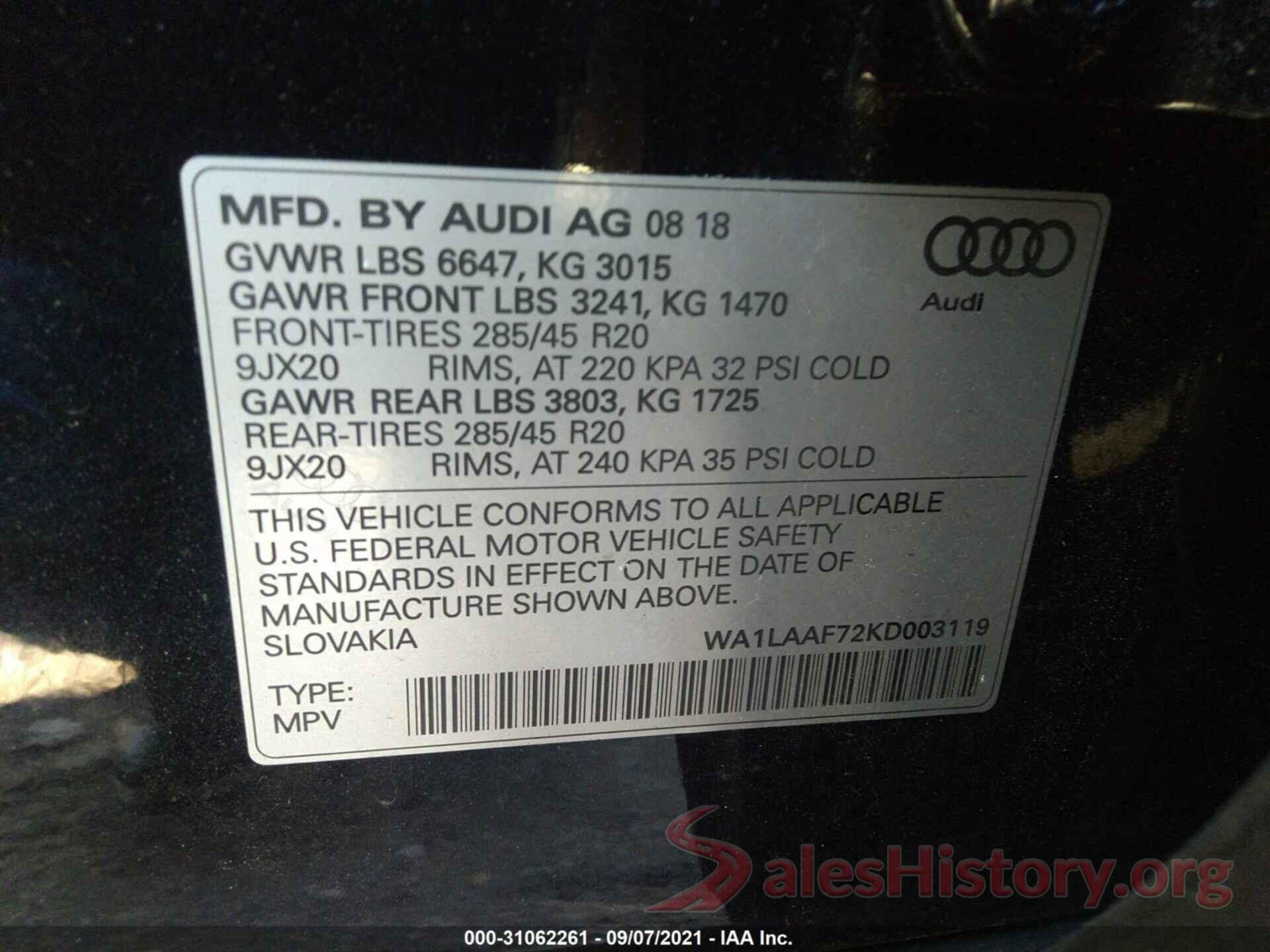 WA1LAAF72KD003119 2019 AUDI Q7