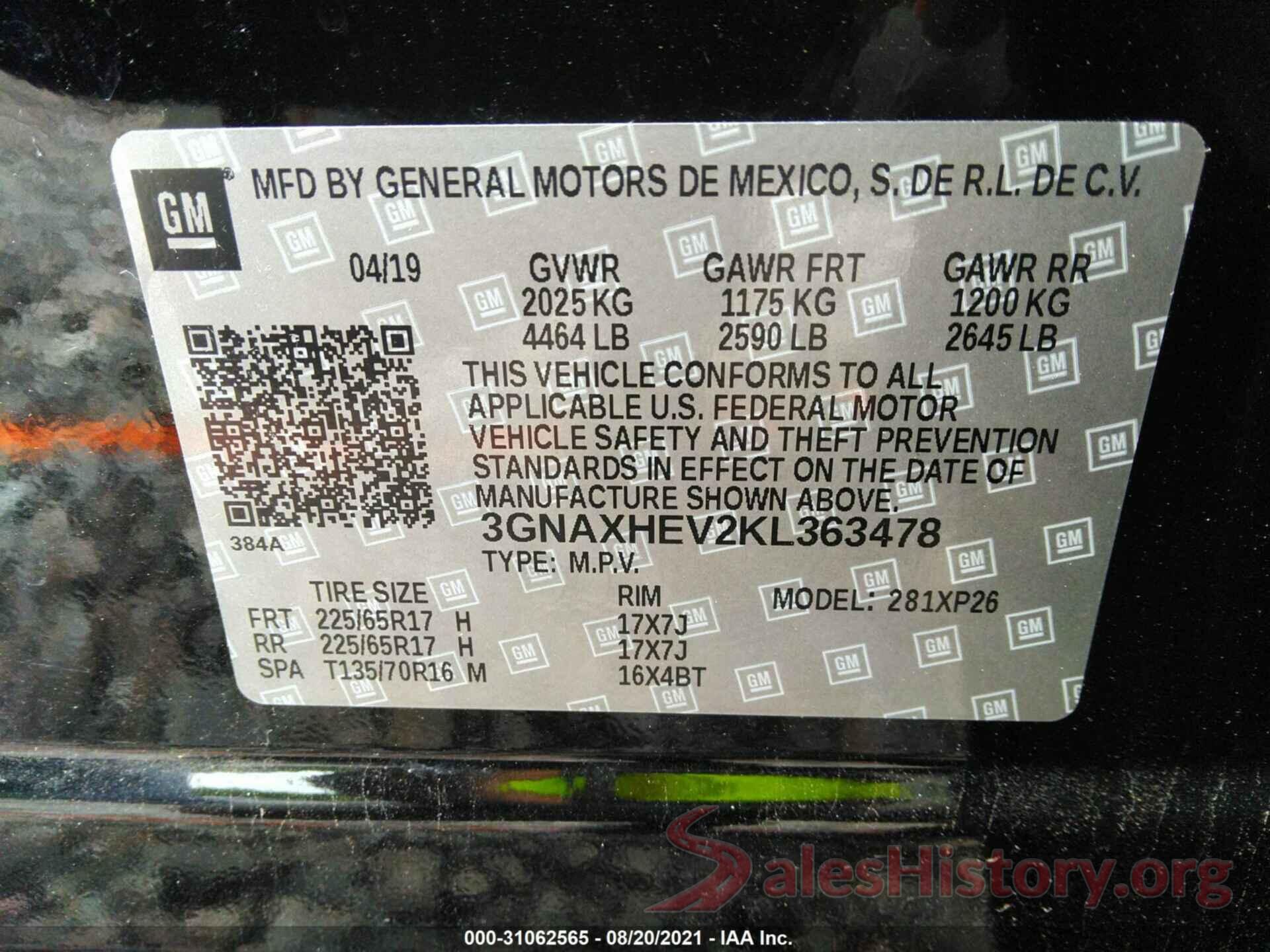 3GNAXHEV2KL363478 2019 CHEVROLET EQUINOX