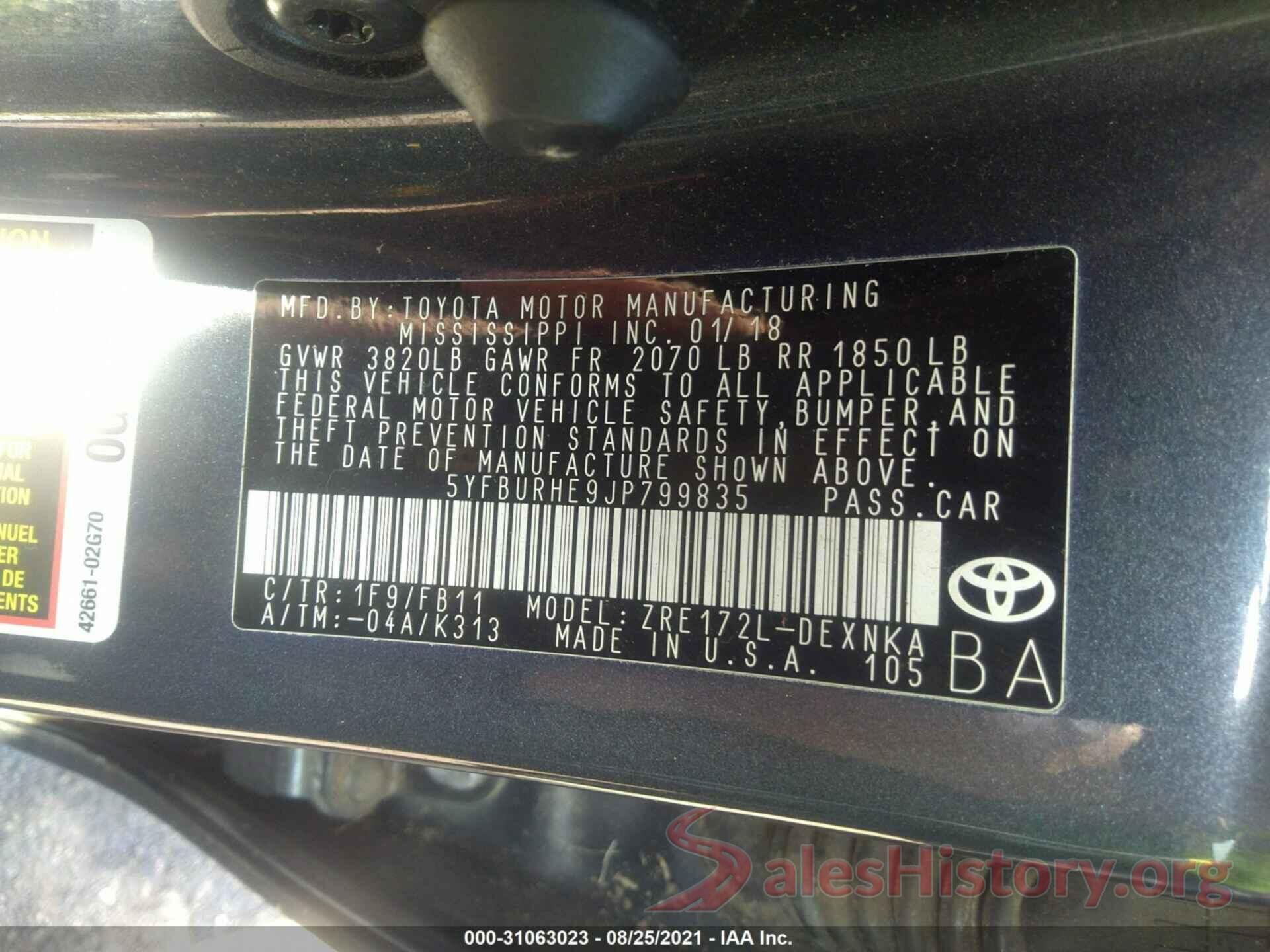 5YFBURHE9JP799835 2018 TOYOTA COROLLA