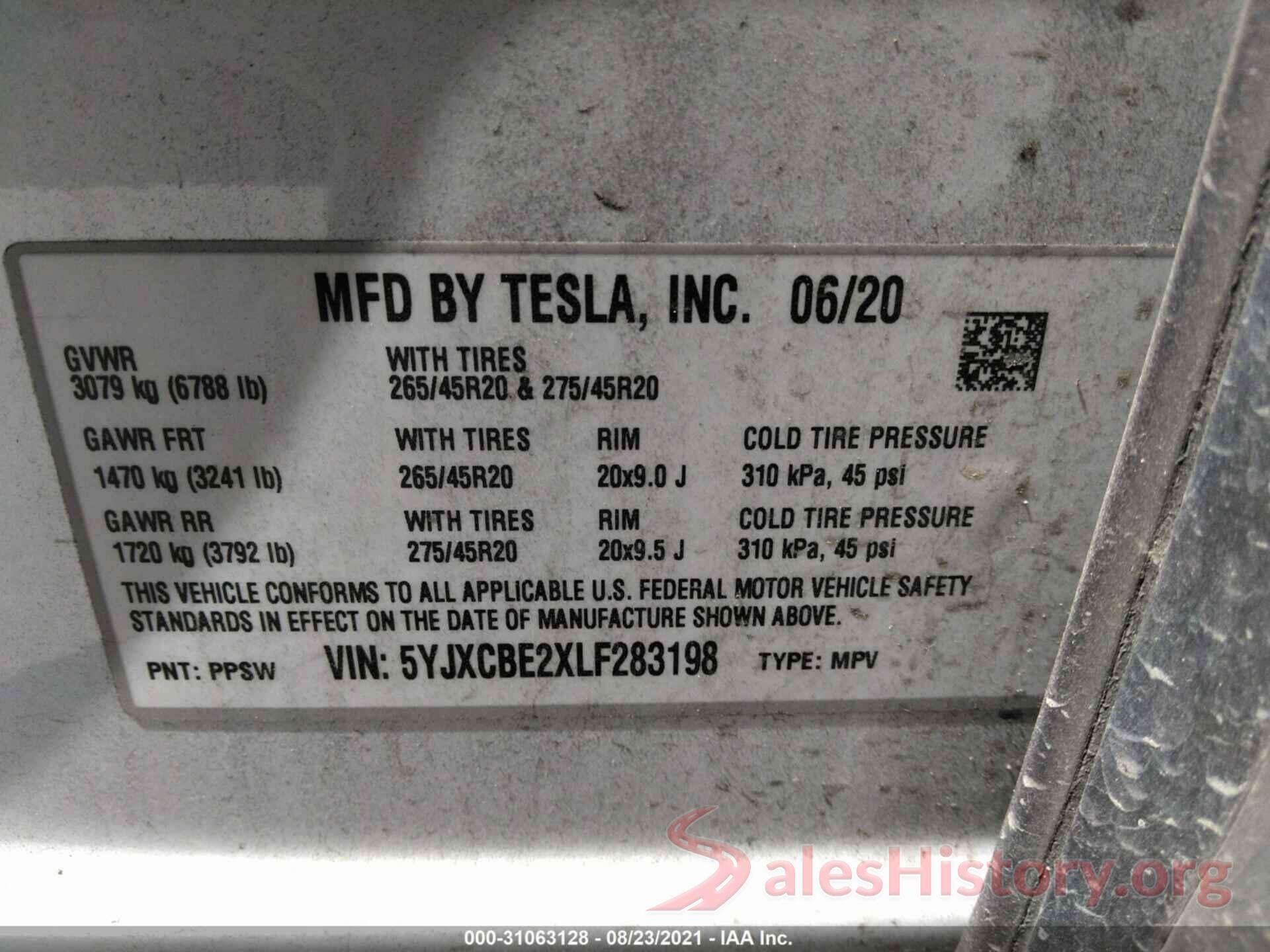 5YJXCBE2XLF283198 2020 TESLA MODEL X