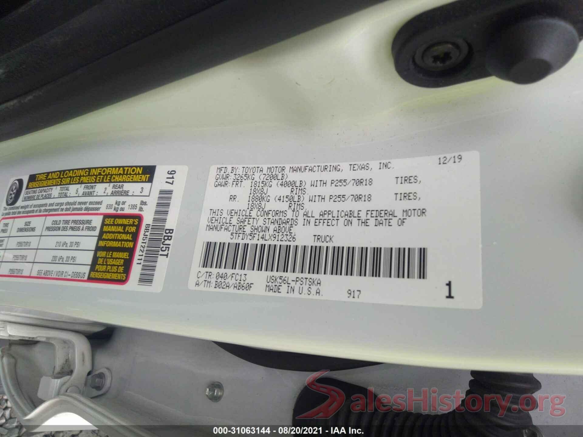 5TFDY5F14LX912326 2020 TOYOTA TUNDRA 4WD