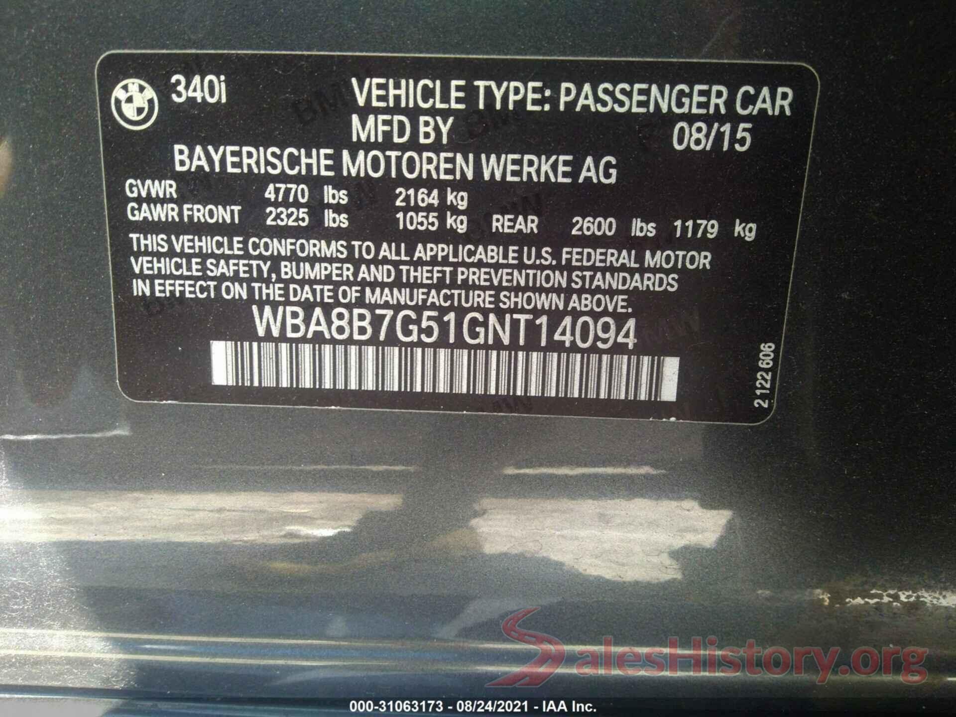 WBA8B7G51GNT14094 2016 BMW 3 SERIES