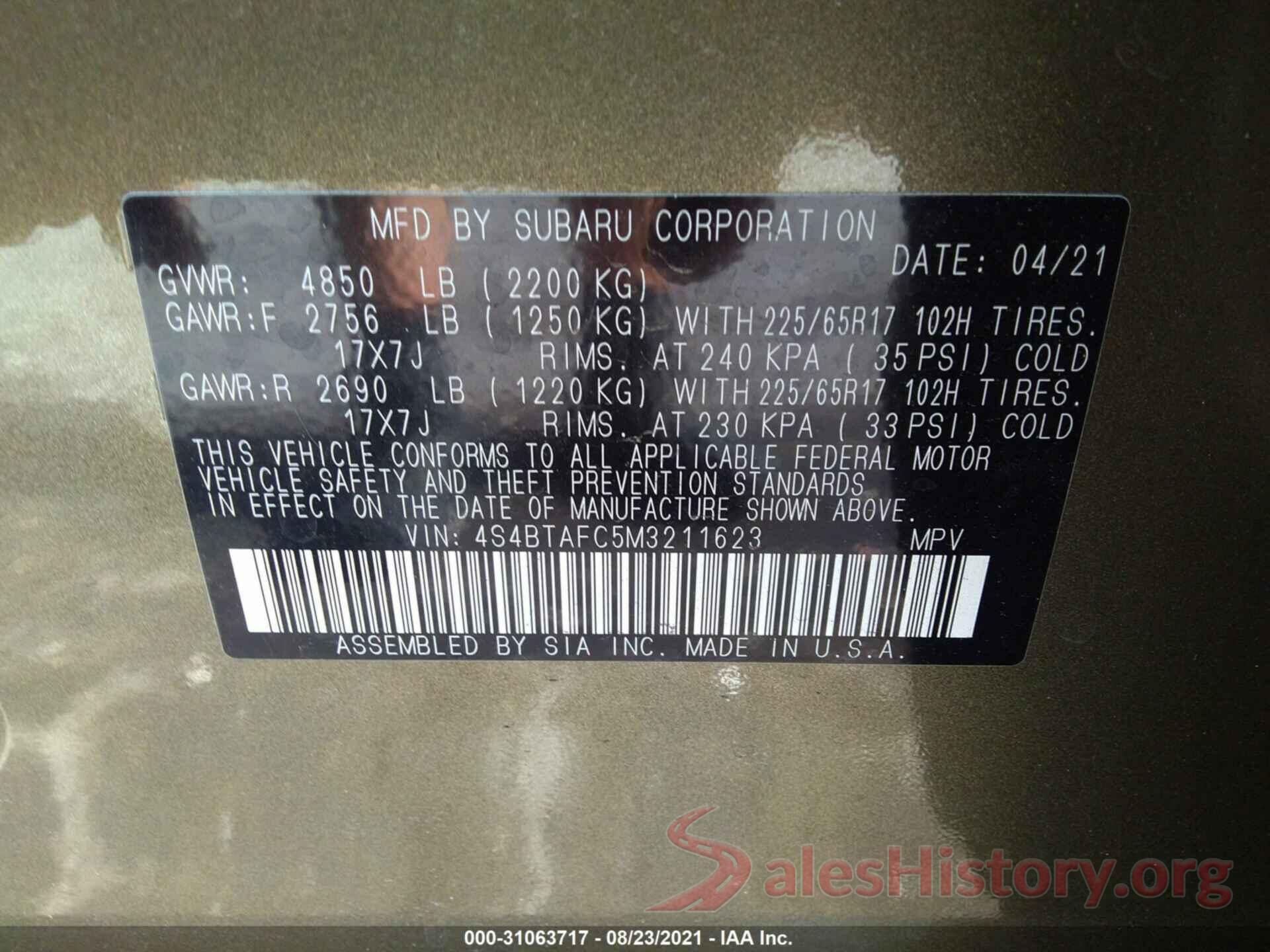 4S4BTAFC5M3211623 2021 SUBARU OUTBACK