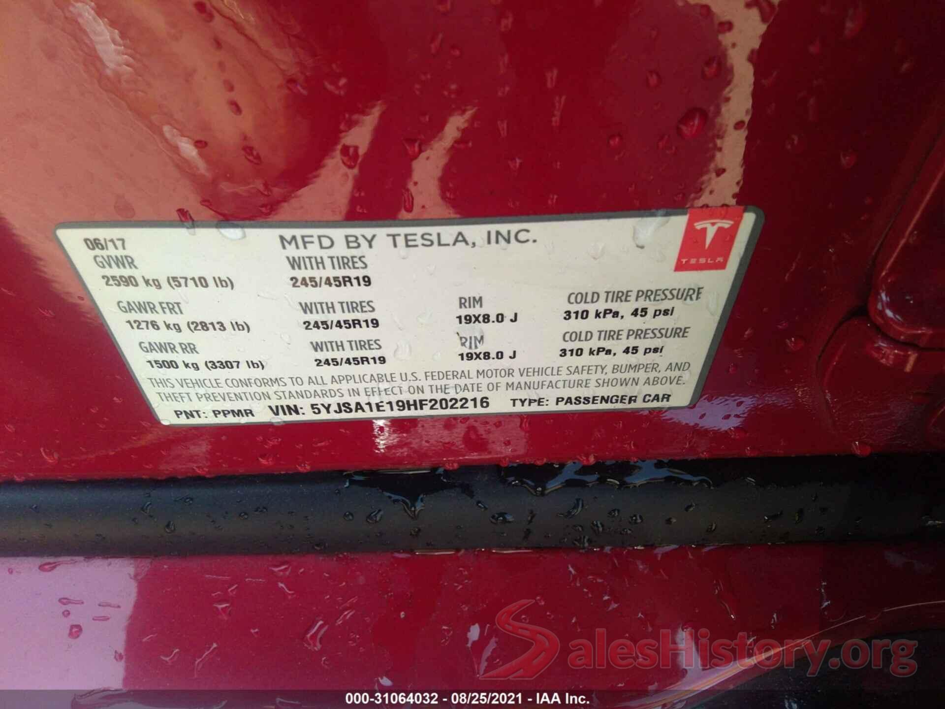 5YJSA1E19HF202216 2017 TESLA MODEL S