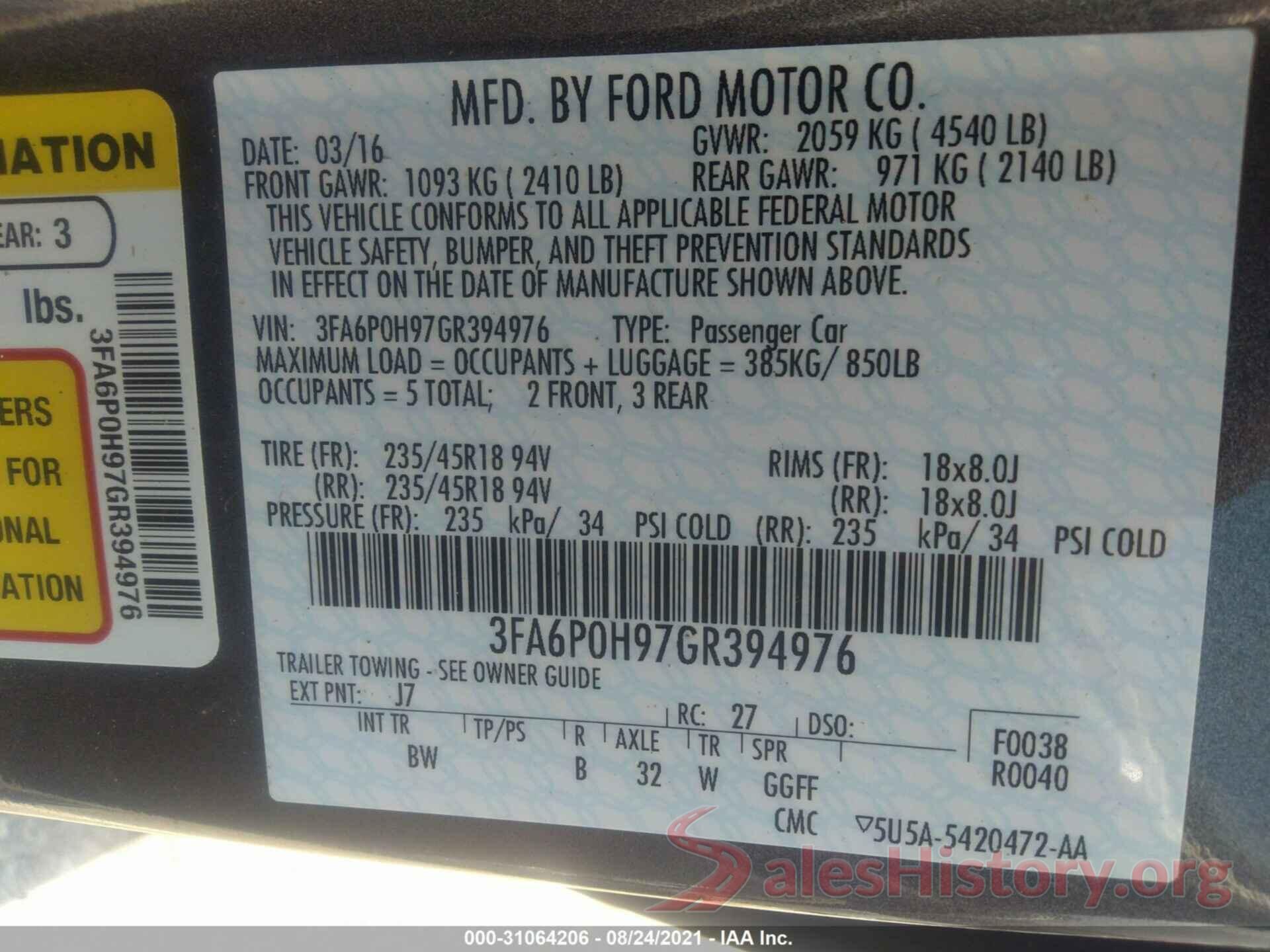 3FA6P0H97GR394976 2016 FORD FUSION