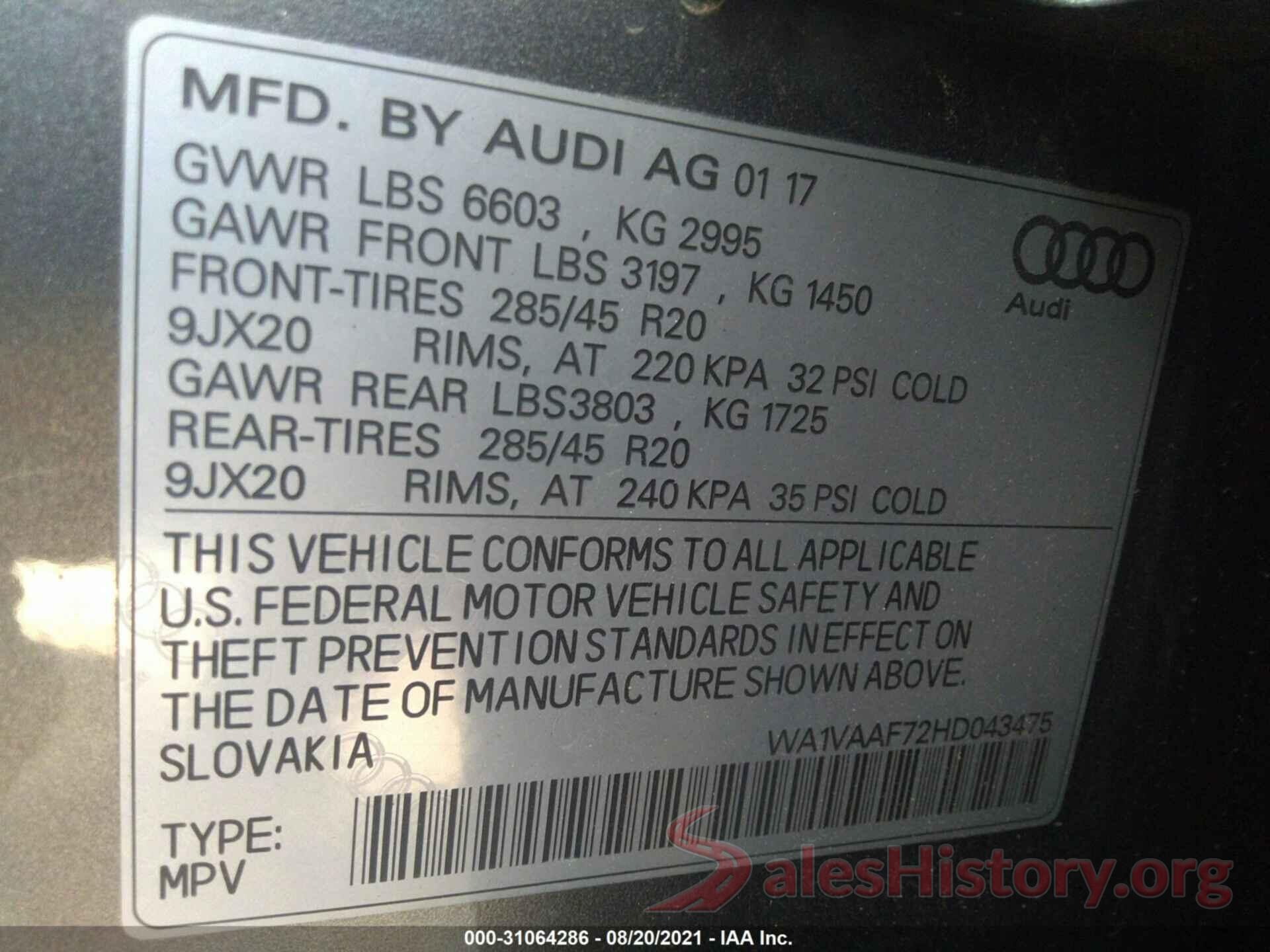 WA1VAAF72HD043475 2017 AUDI Q7