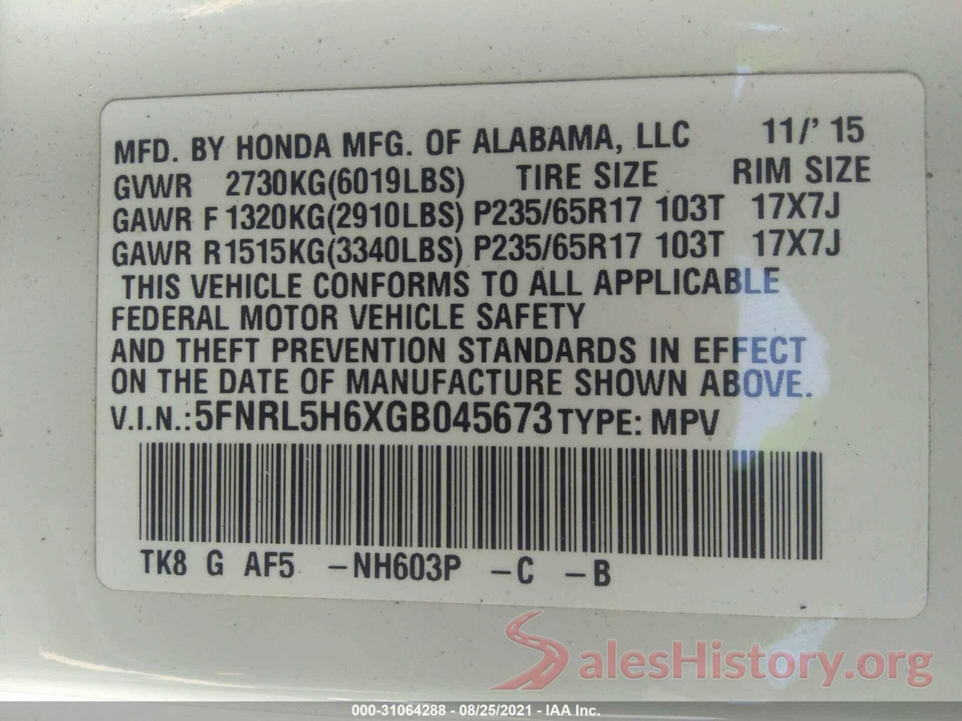 5FNRL5H6XGB045673 2016 HONDA ODYSSEY