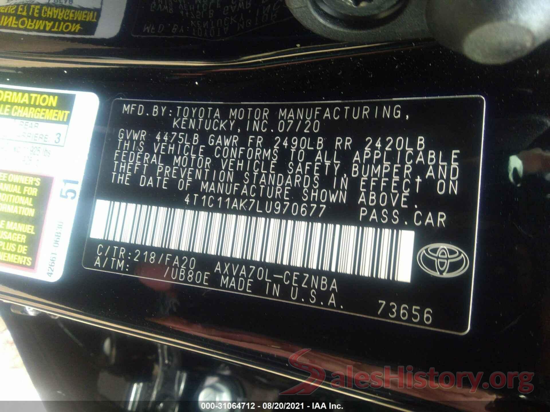 4T1C11AK7LU970677 2020 TOYOTA CAMRY