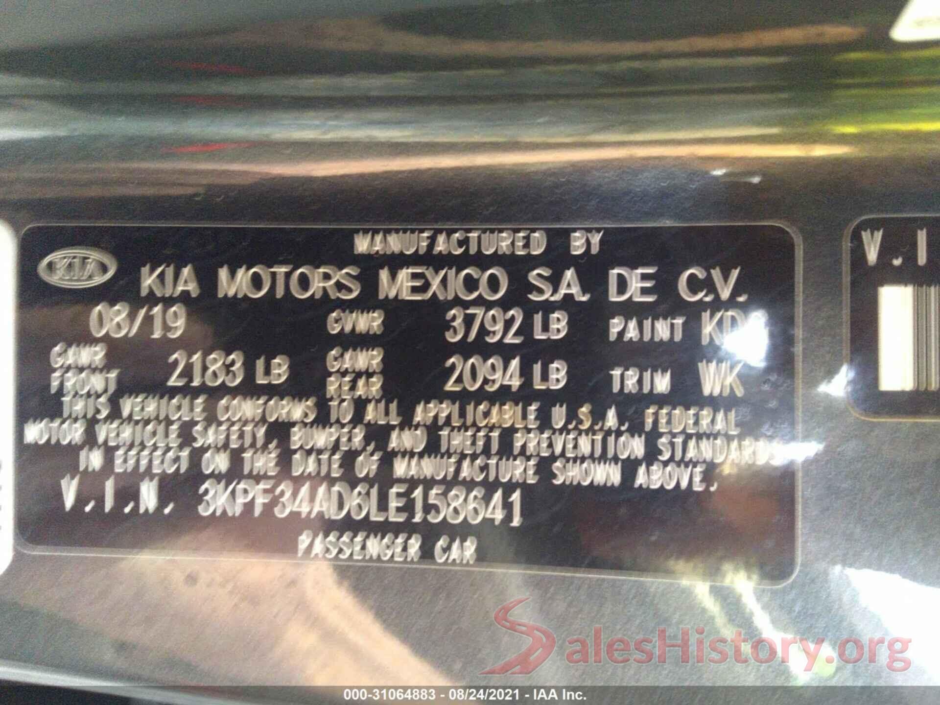 3KPF34AD6LE158641 2020 KIA FORTE