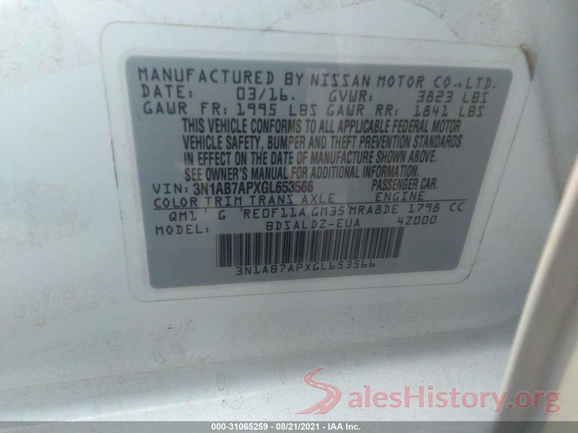 3N1AB7APXGL653566 2016 NISSAN SENTRA