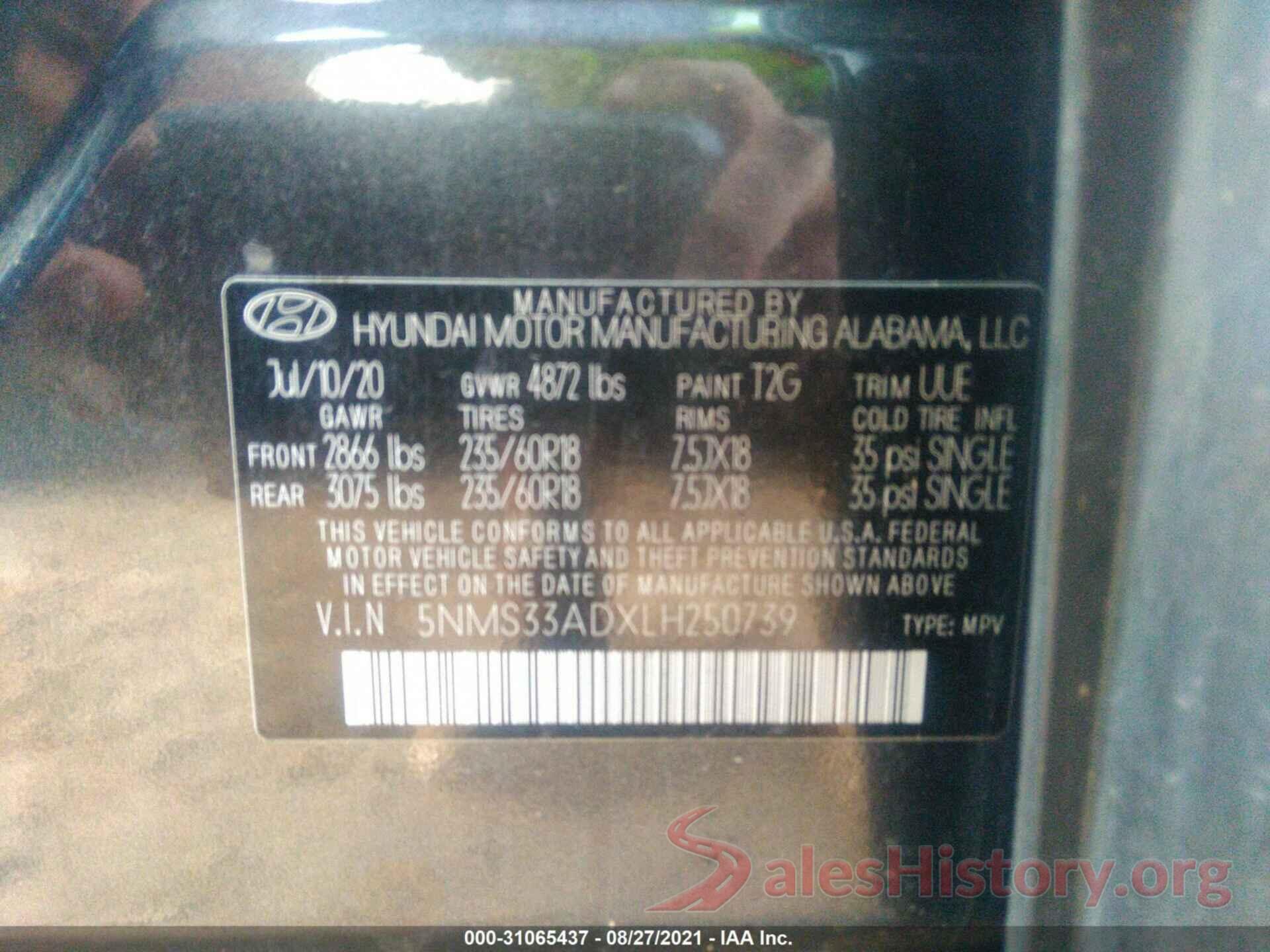 5NMS33ADXLH250739 2020 HYUNDAI SANTA FE