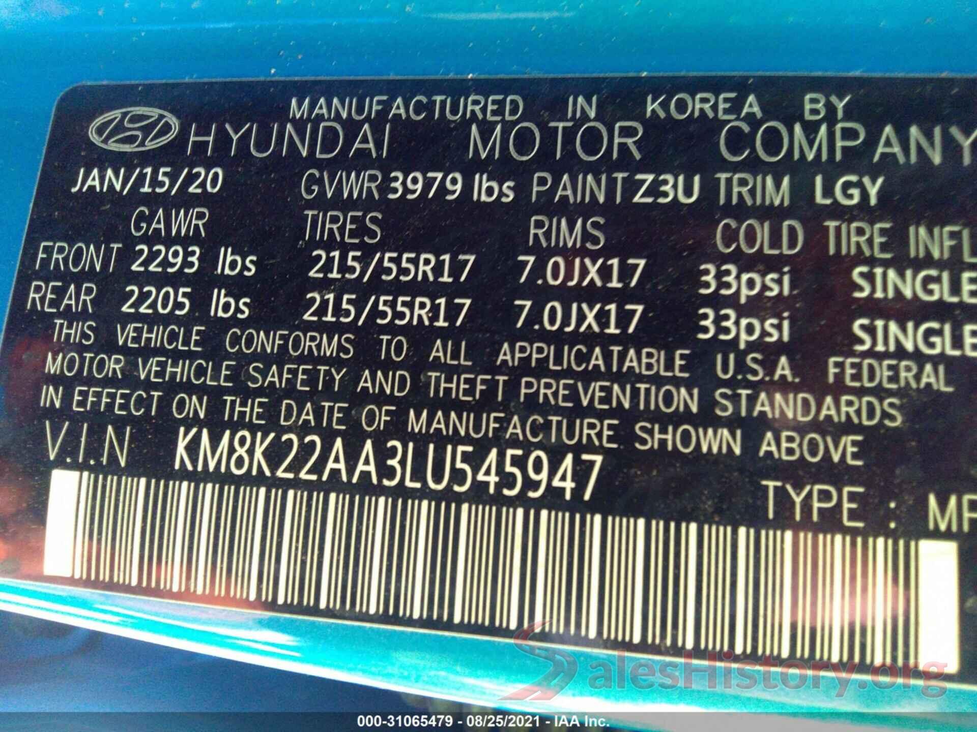 KM8K22AA3LU545947 2020 HYUNDAI KONA