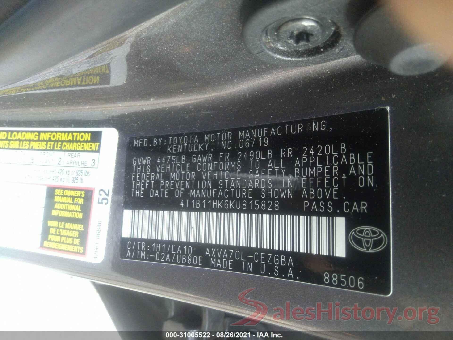 4T1B11HK6KU815828 2019 TOYOTA CAMRY