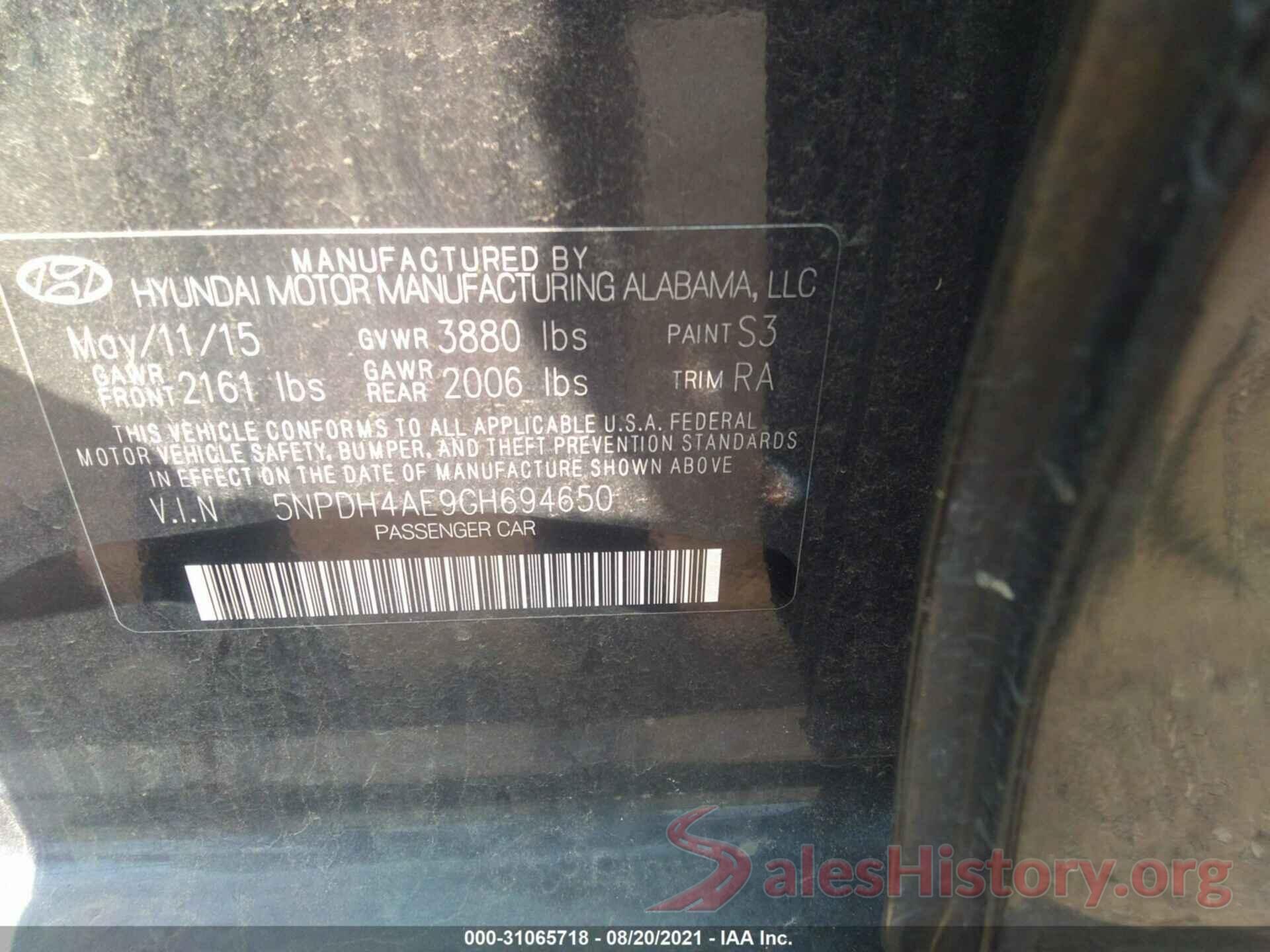 5NPDH4AE9GH694650 2016 HYUNDAI ELANTRA