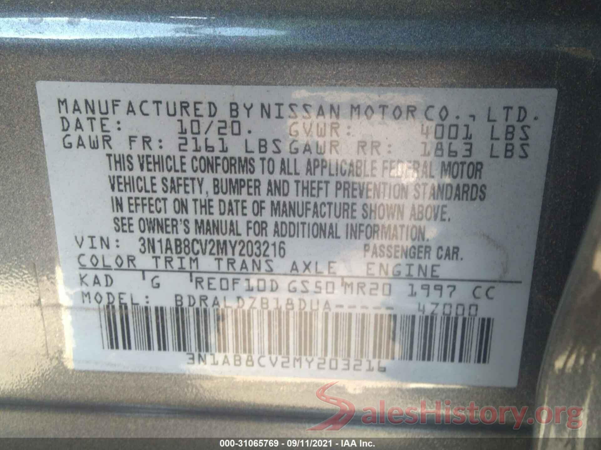 3N1AB8CV2MY203216 2021 NISSAN SENTRA