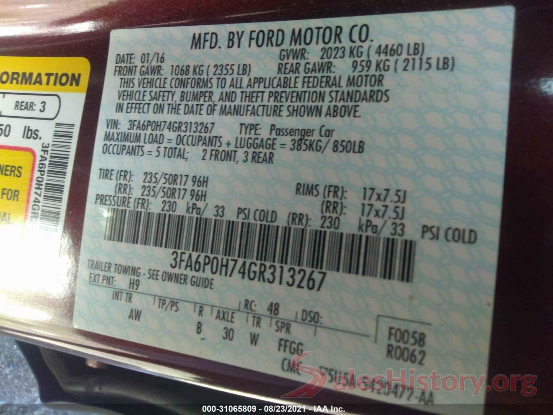 3FA6P0H74GR313267 2016 FORD FUSION