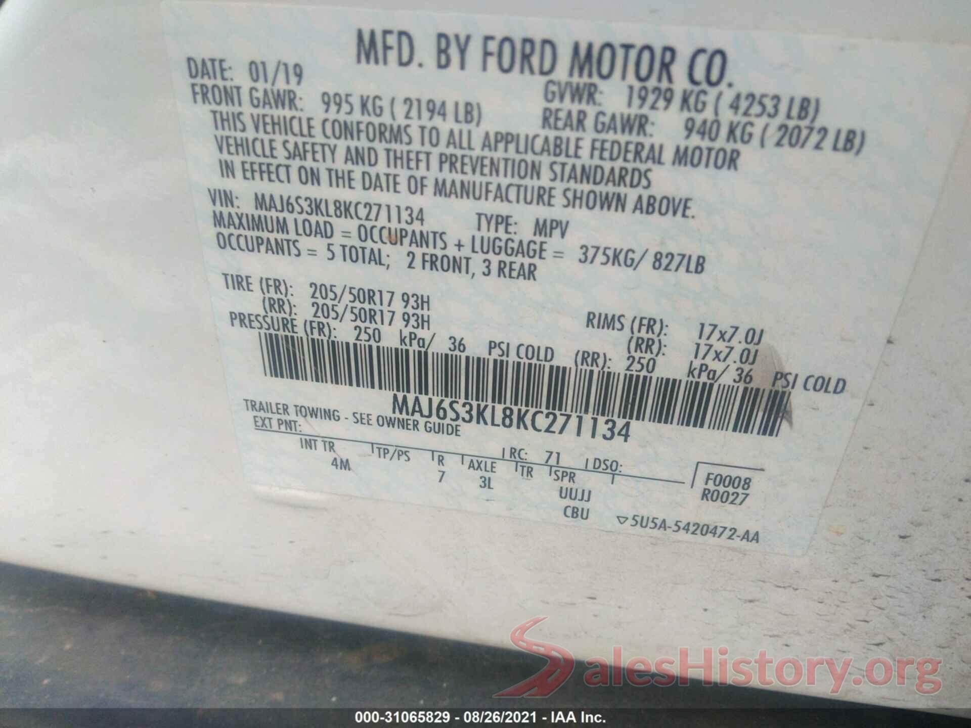 MAJ6S3KL8KC271134 2019 FORD ECOSPORT