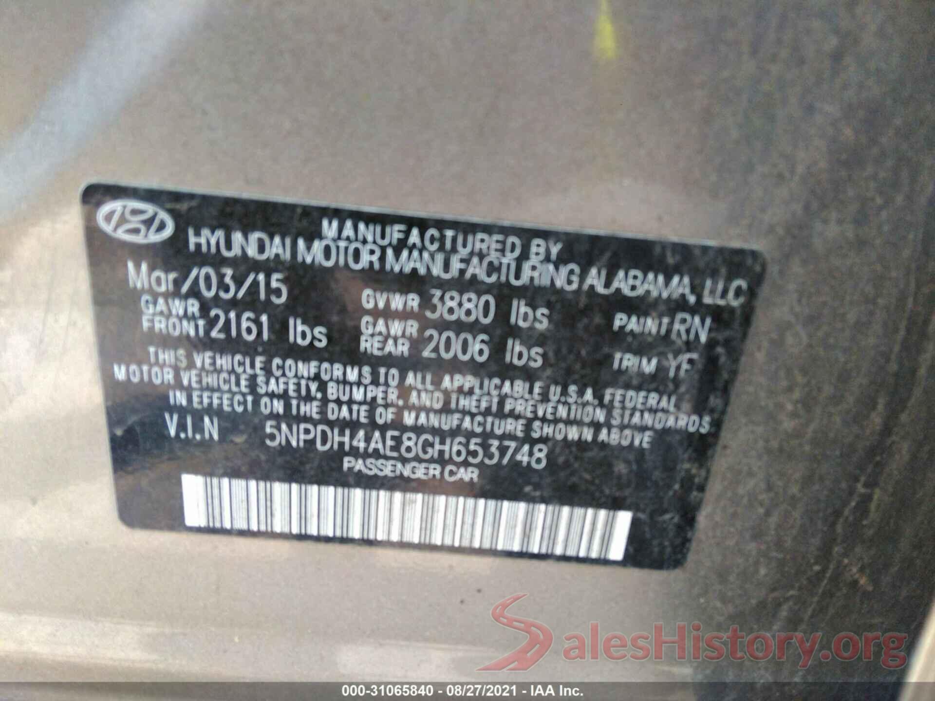 5NPDH4AE8GH653748 2016 HYUNDAI ELANTRA