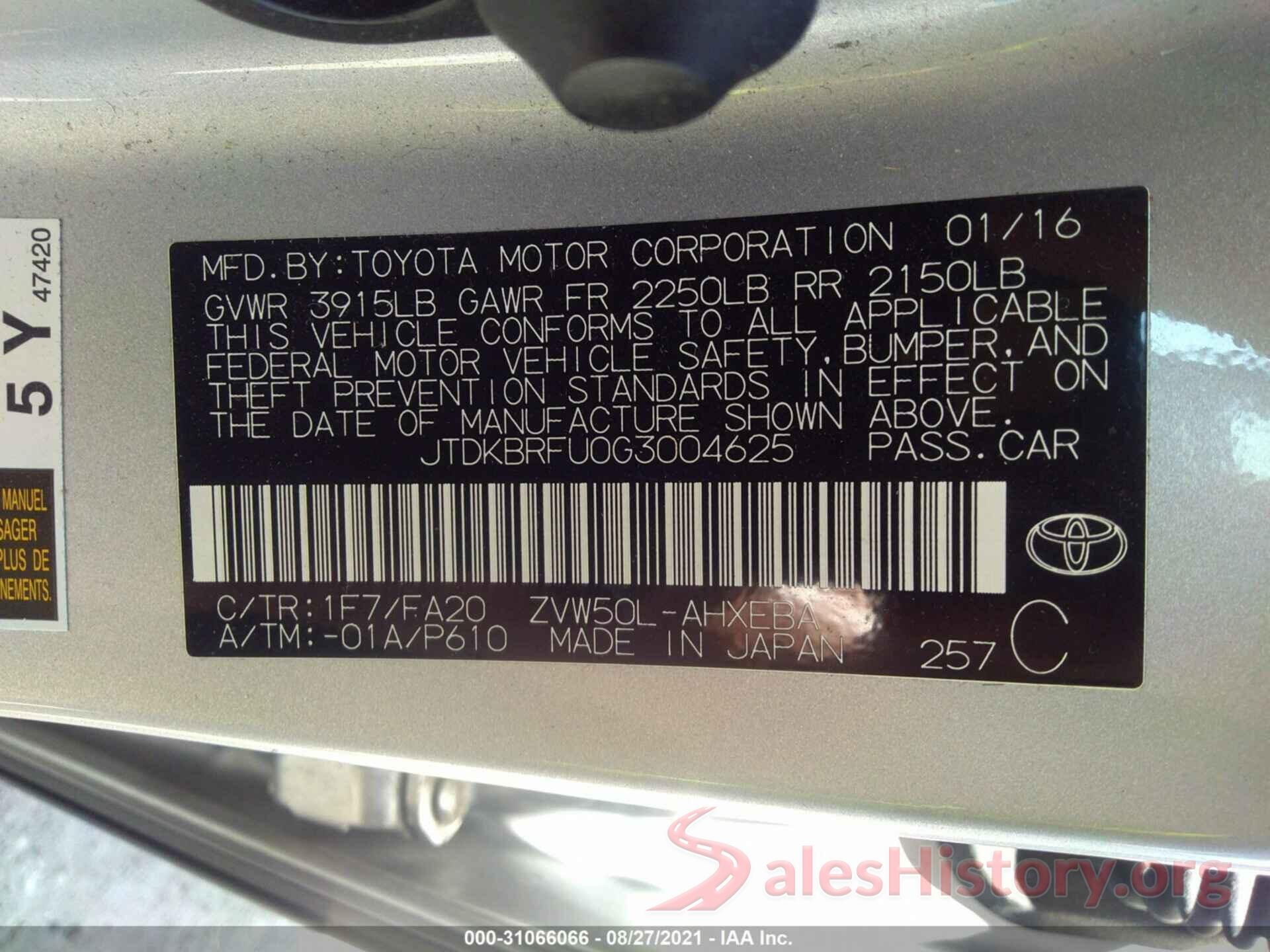 JTDKBRFU0G3004625 2016 TOYOTA PRIUS