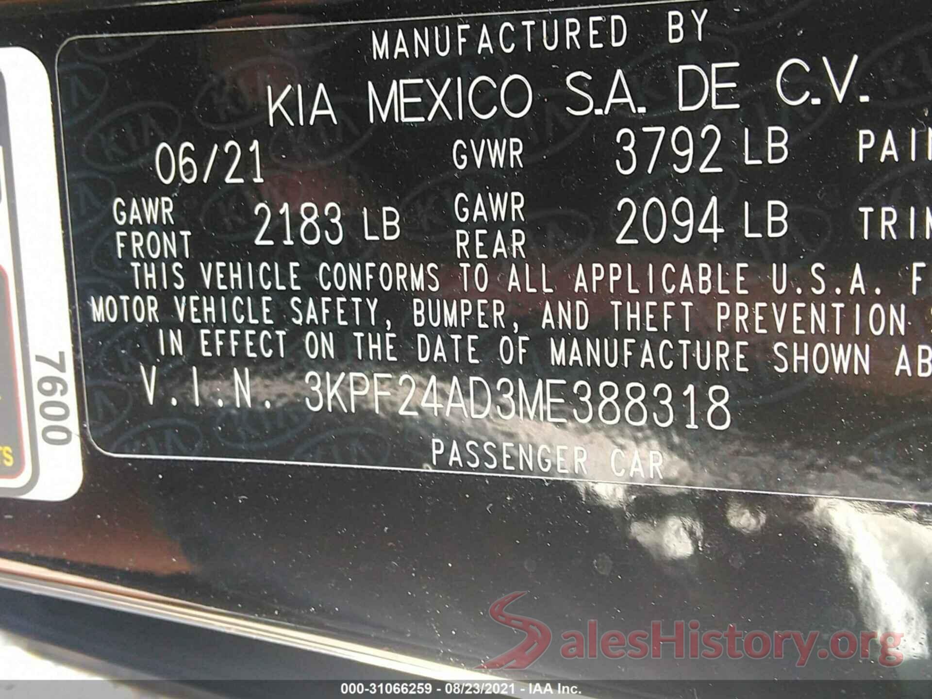 3KPF24AD3ME388318 2021 KIA FORTE