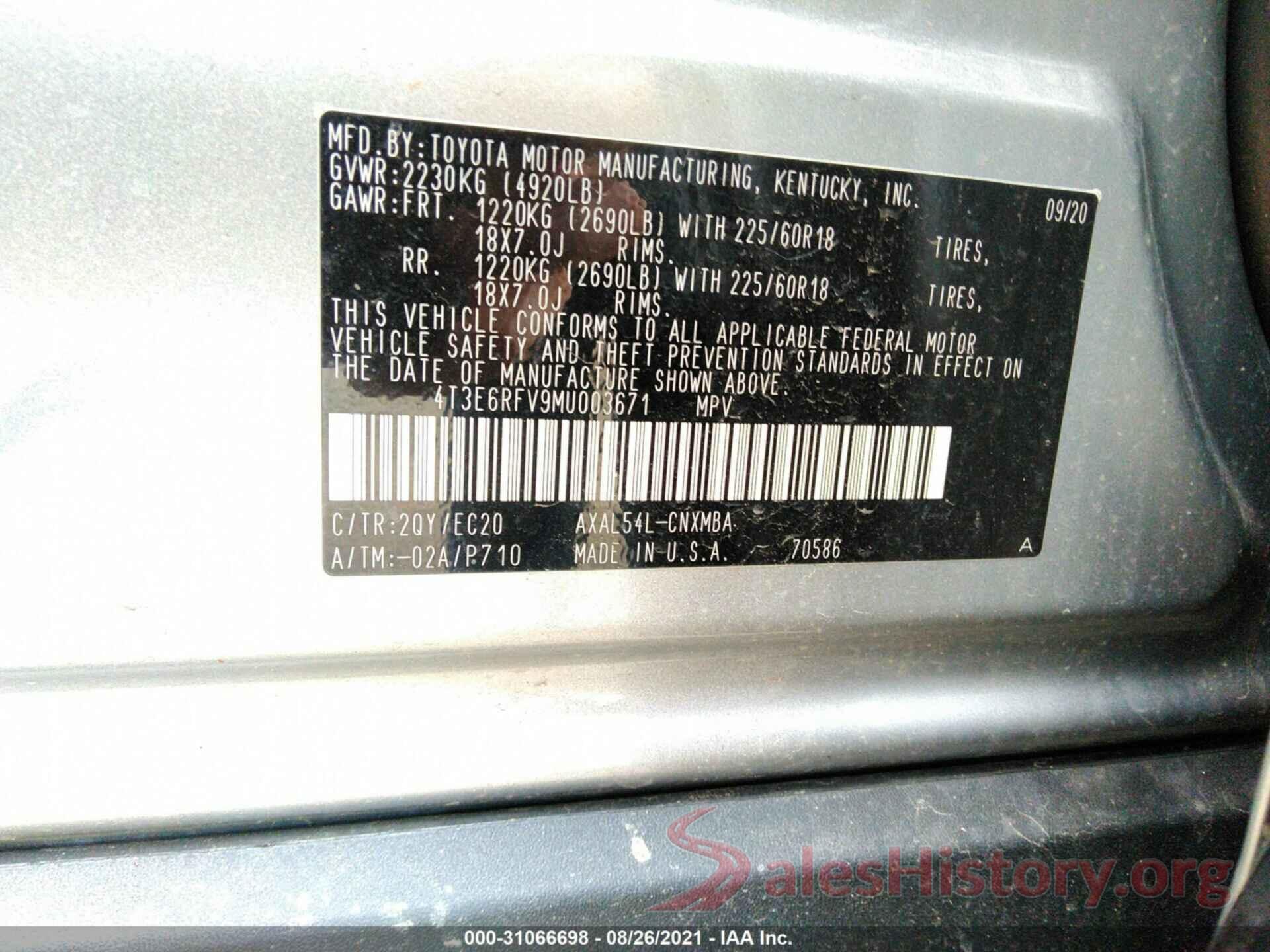 4T3E6RFV9MU003671 2021 TOYOTA RAV4