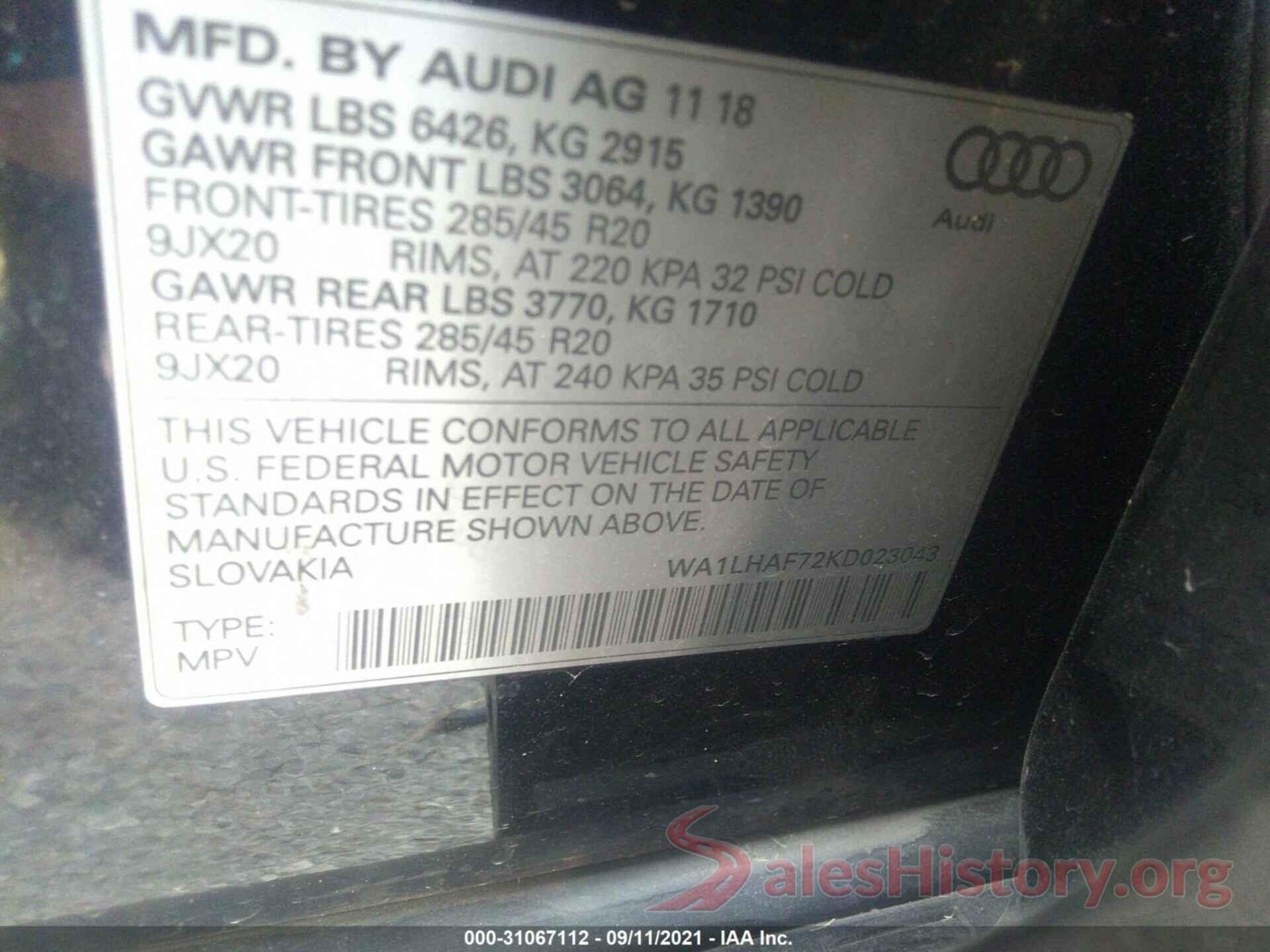 WA1LHAF72KD023043 2019 AUDI Q7