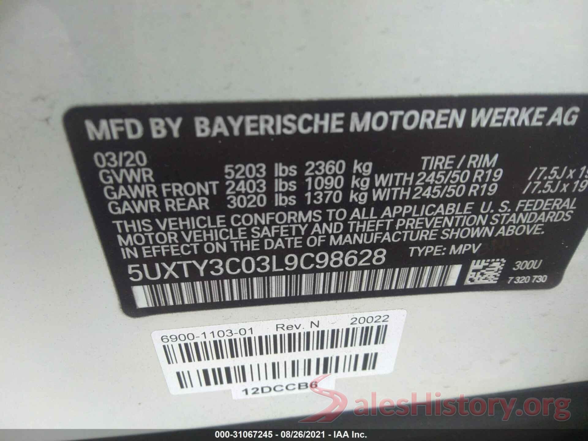 5UXTY3C03L9C98628 2020 BMW X3