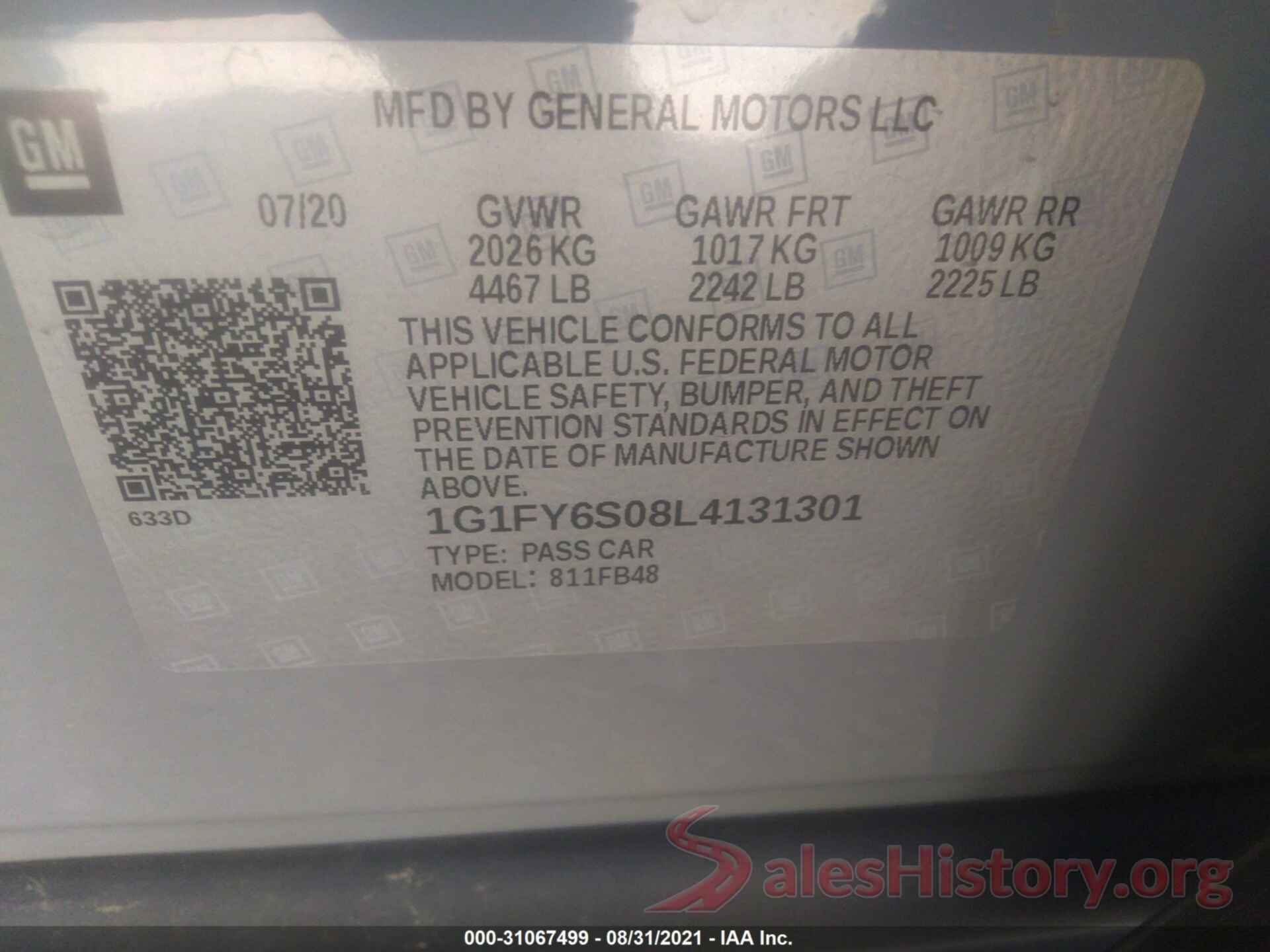 1G1FY6S08L4131301 2020 CHEVROLET BOLT EV