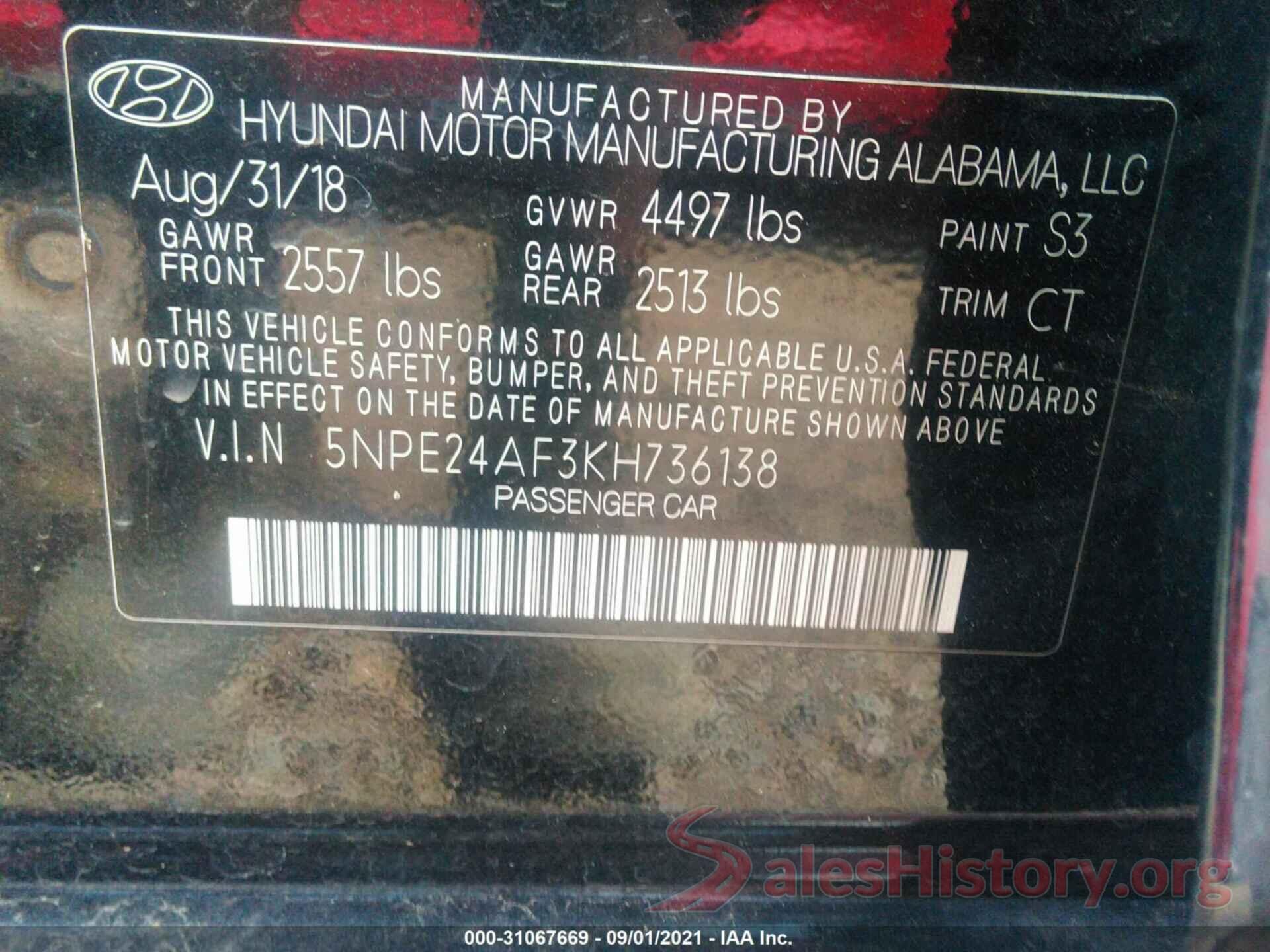 5NPE24AF3KH736138 2019 HYUNDAI SONATA