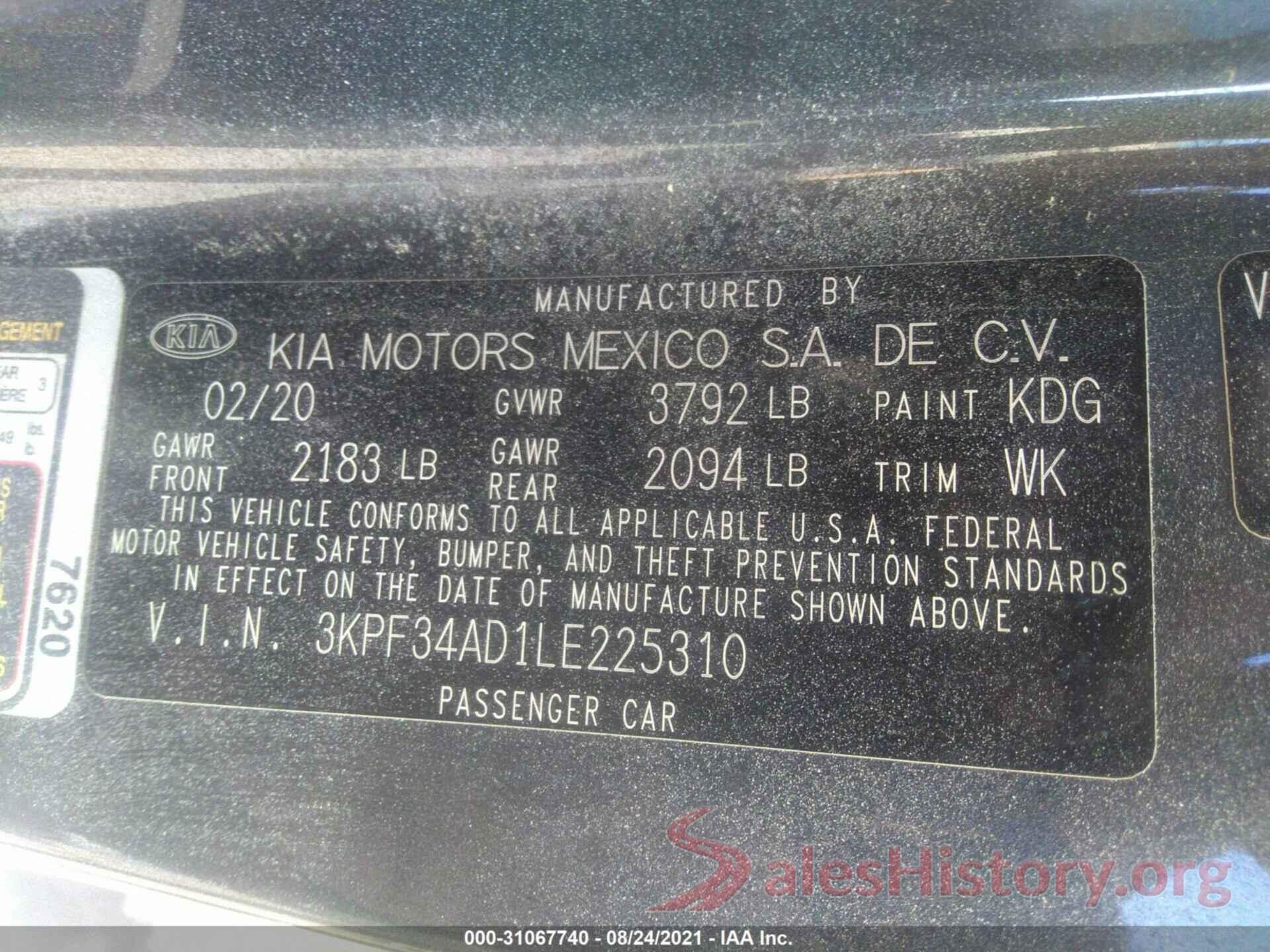 3KPF34AD1LE225310 2020 KIA FORTE