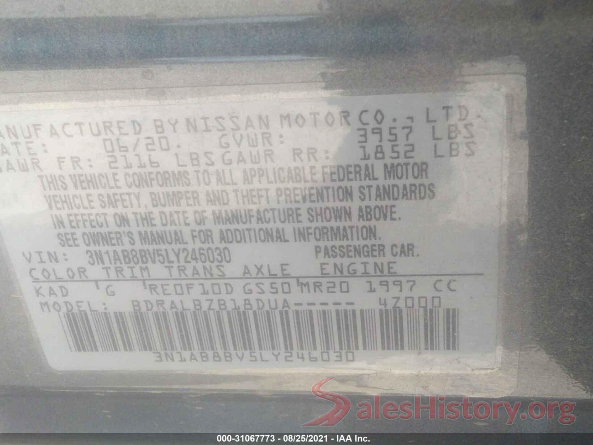 3N1AB8BV5LY246030 2020 NISSAN SENTRA