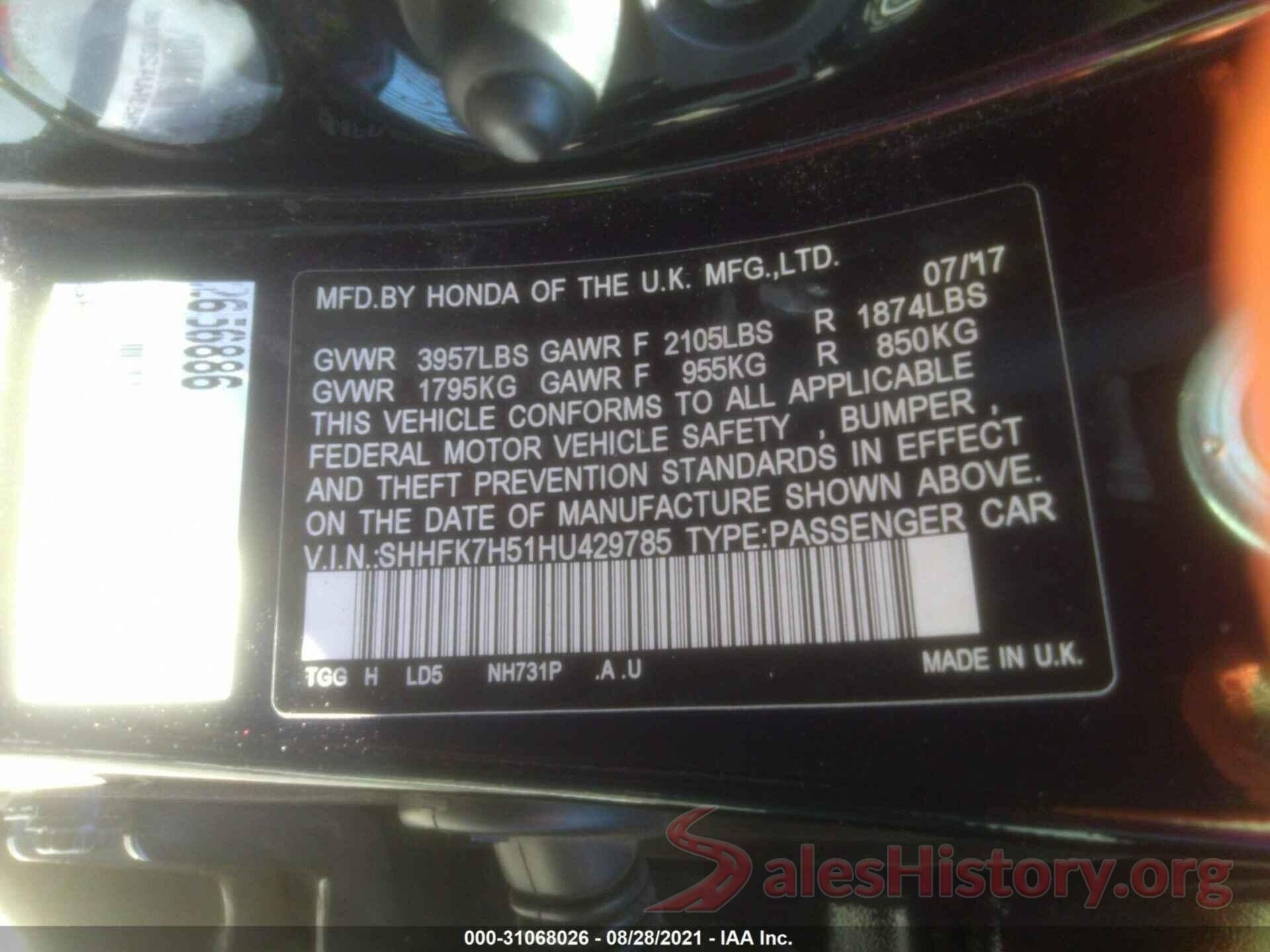 SHHFK7H51HU429785 2017 HONDA CIVIC HATCHBACK