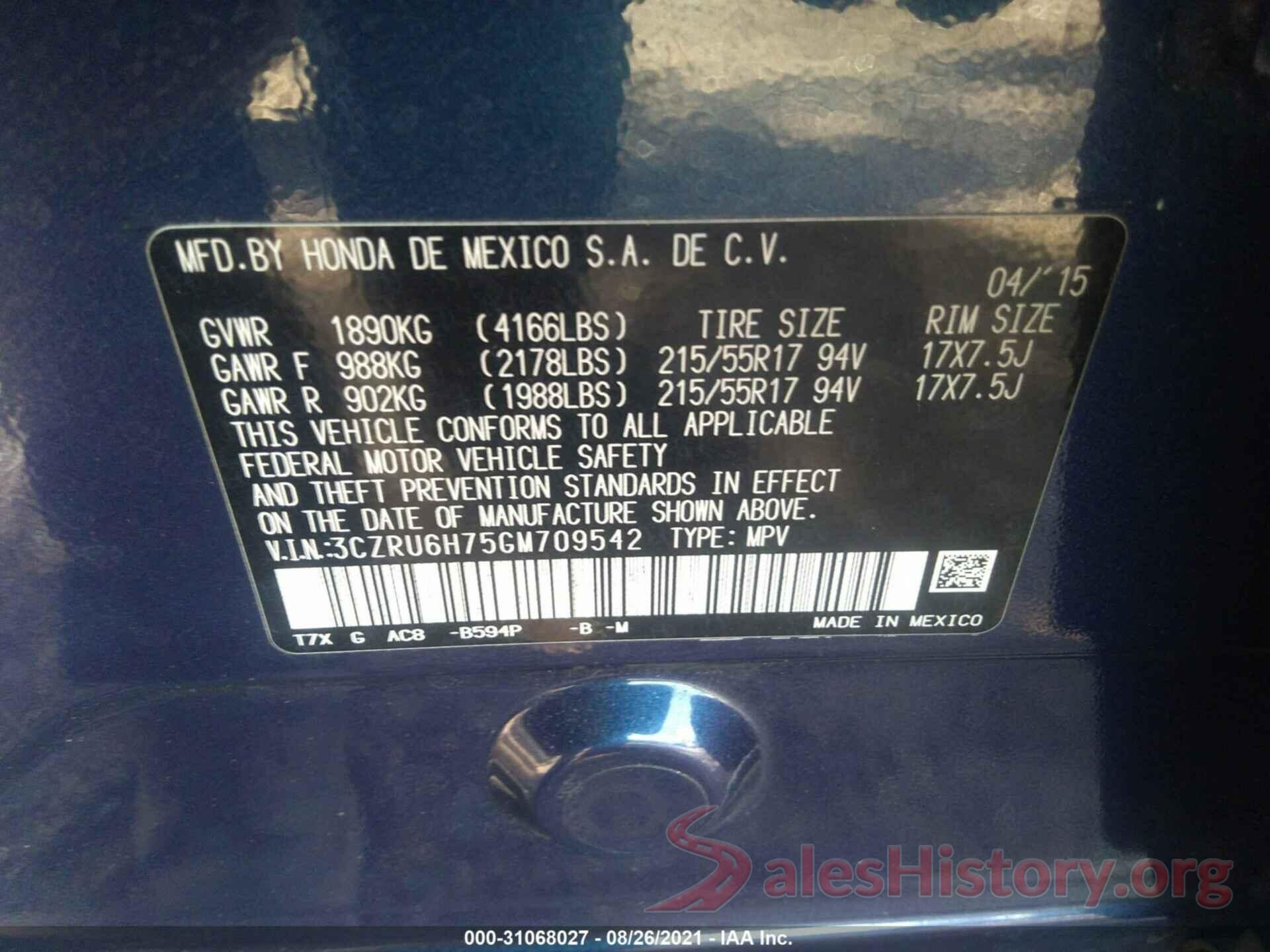 3CZRU6H75GM709542 2016 HONDA HR-V