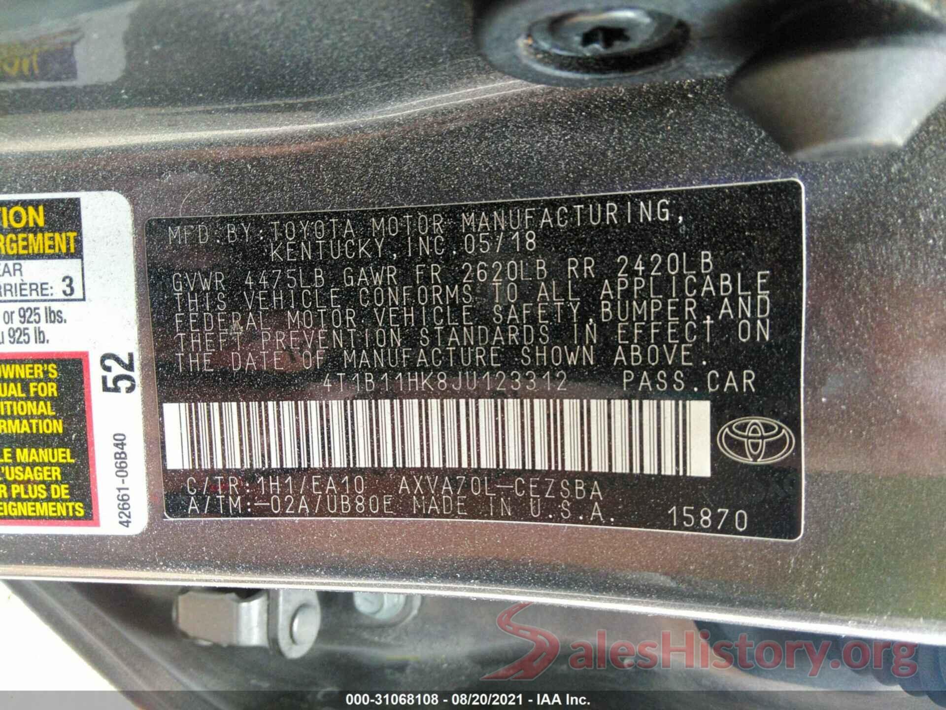 4T1B11HK8JU123312 2018 TOYOTA CAMRY