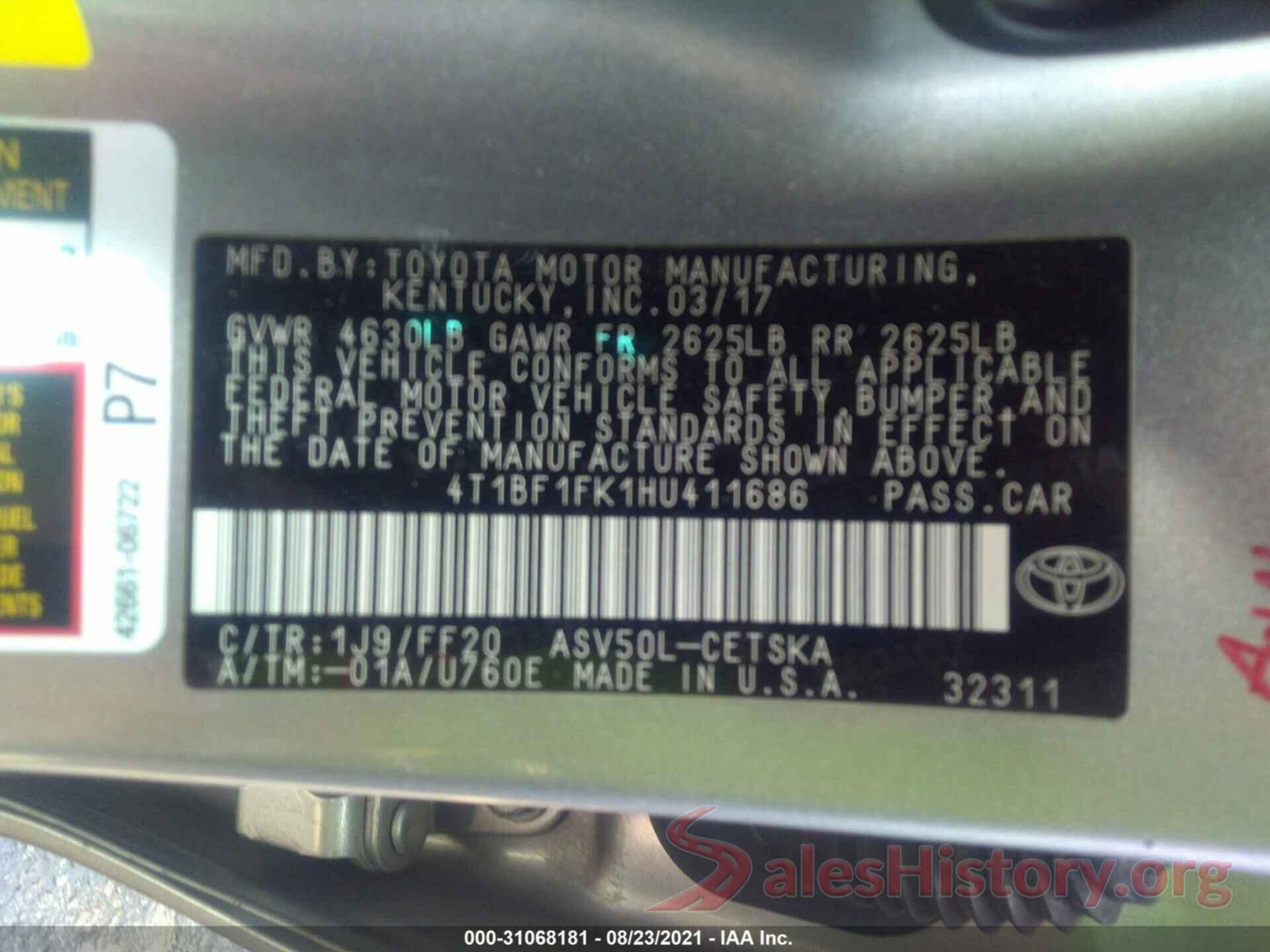 4T1BF1FK1HU411686 2017 TOYOTA CAMRY